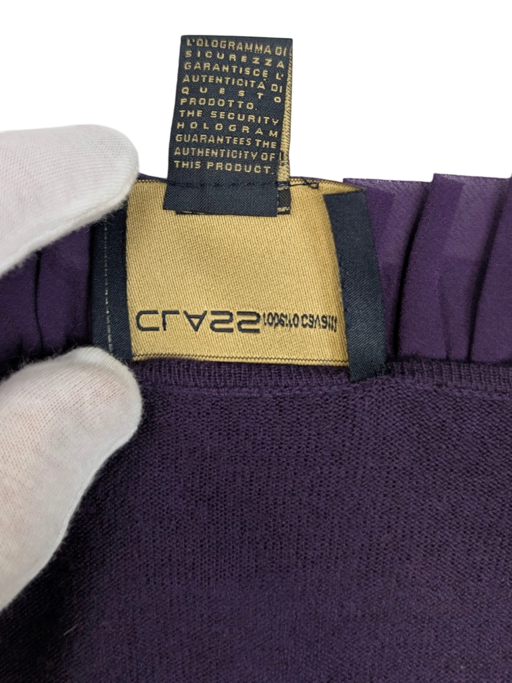 JAKE & IPI deep purple knit cardigan with ruffle trim and three-quarter sleeves, made in Italy from wool-viscose blend.
