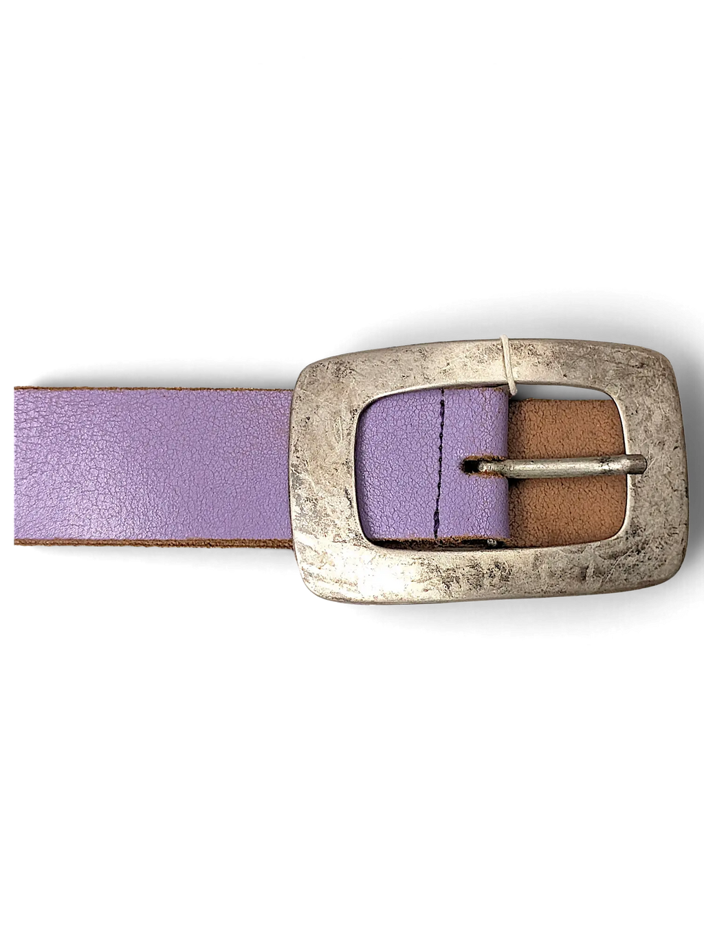 JAKE & IPI purple leather belt with a large distressed silver-tone rectangular buckle and brown leather backing