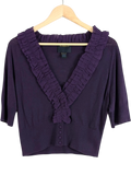 JAKE & IPI deep purple knit cardigan with ruffle trim, three-quarter sleeves, and button front. Made in Italy.