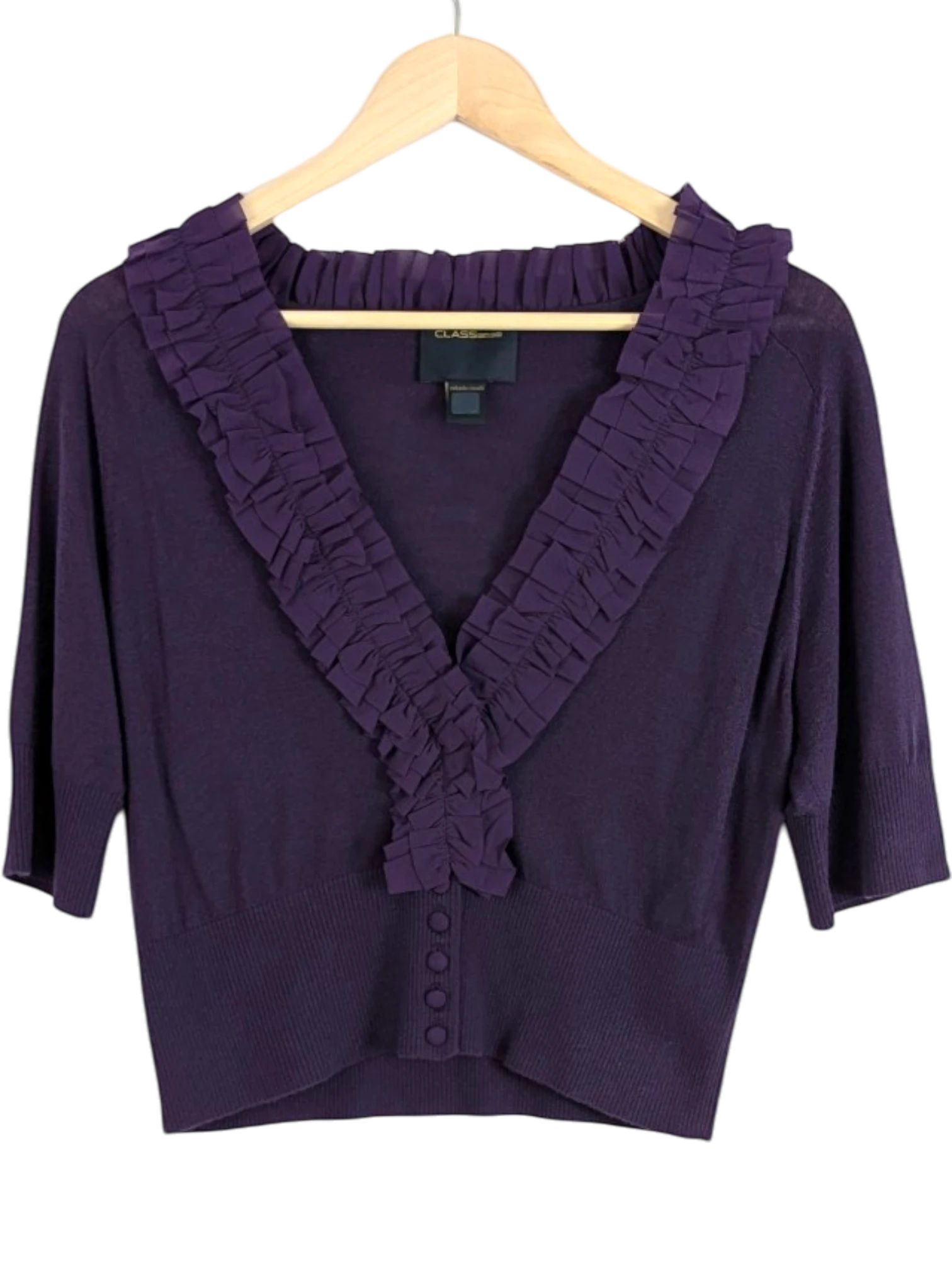 JAKE & IPI deep purple knit cardigan with ruffle trim, three-quarter sleeves, and button front. Made in Italy.