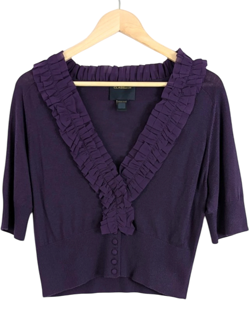 JAKE & IPI deep purple knit cardigan with ruffle trim, three-quarter sleeves, and button front. Made in Italy.