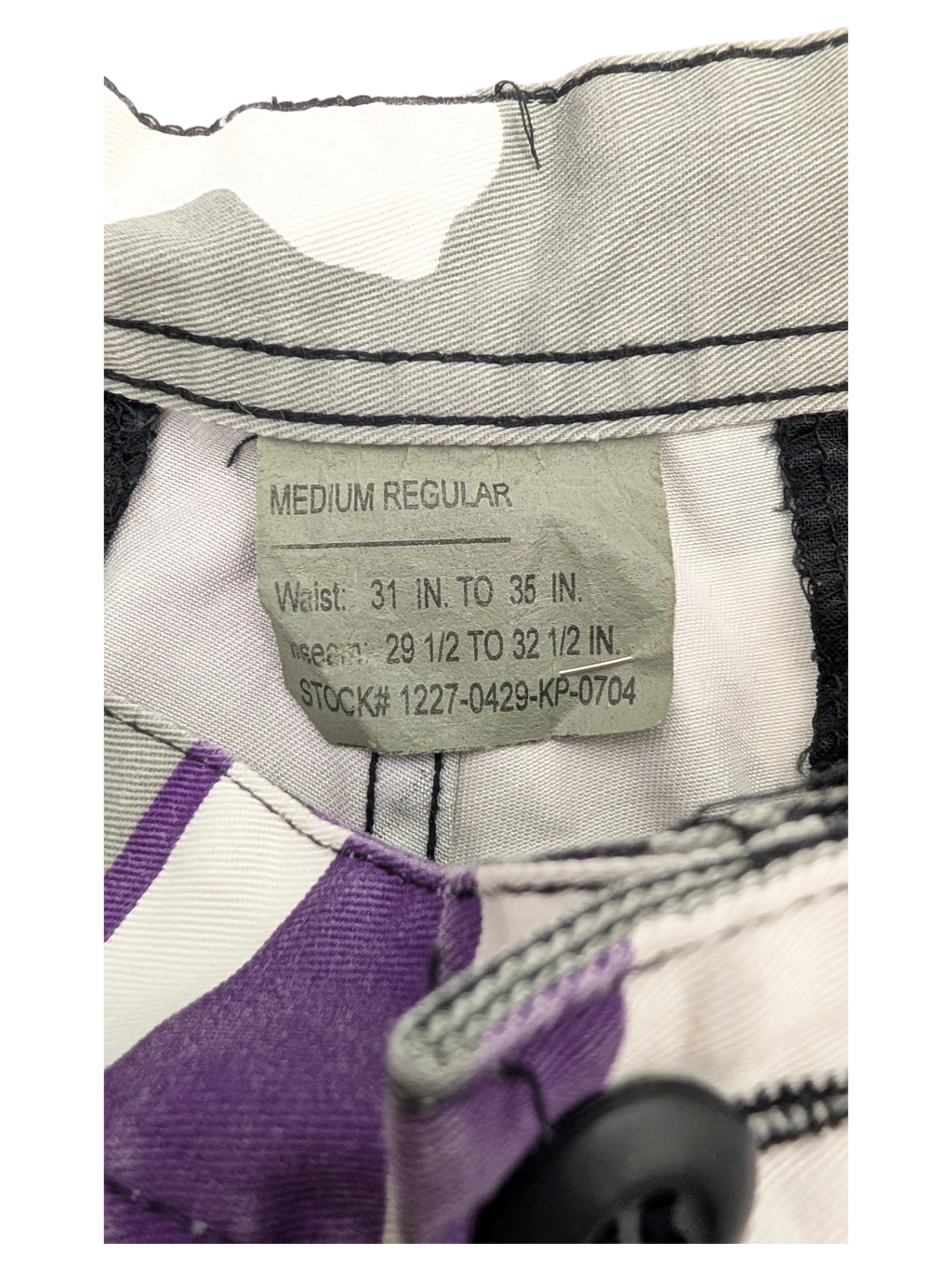 JAKE & IPI purple and white striped cargo pants, size Medium Regular, with a 31-35 inch waist and 29.5-32.5 inch inseam.