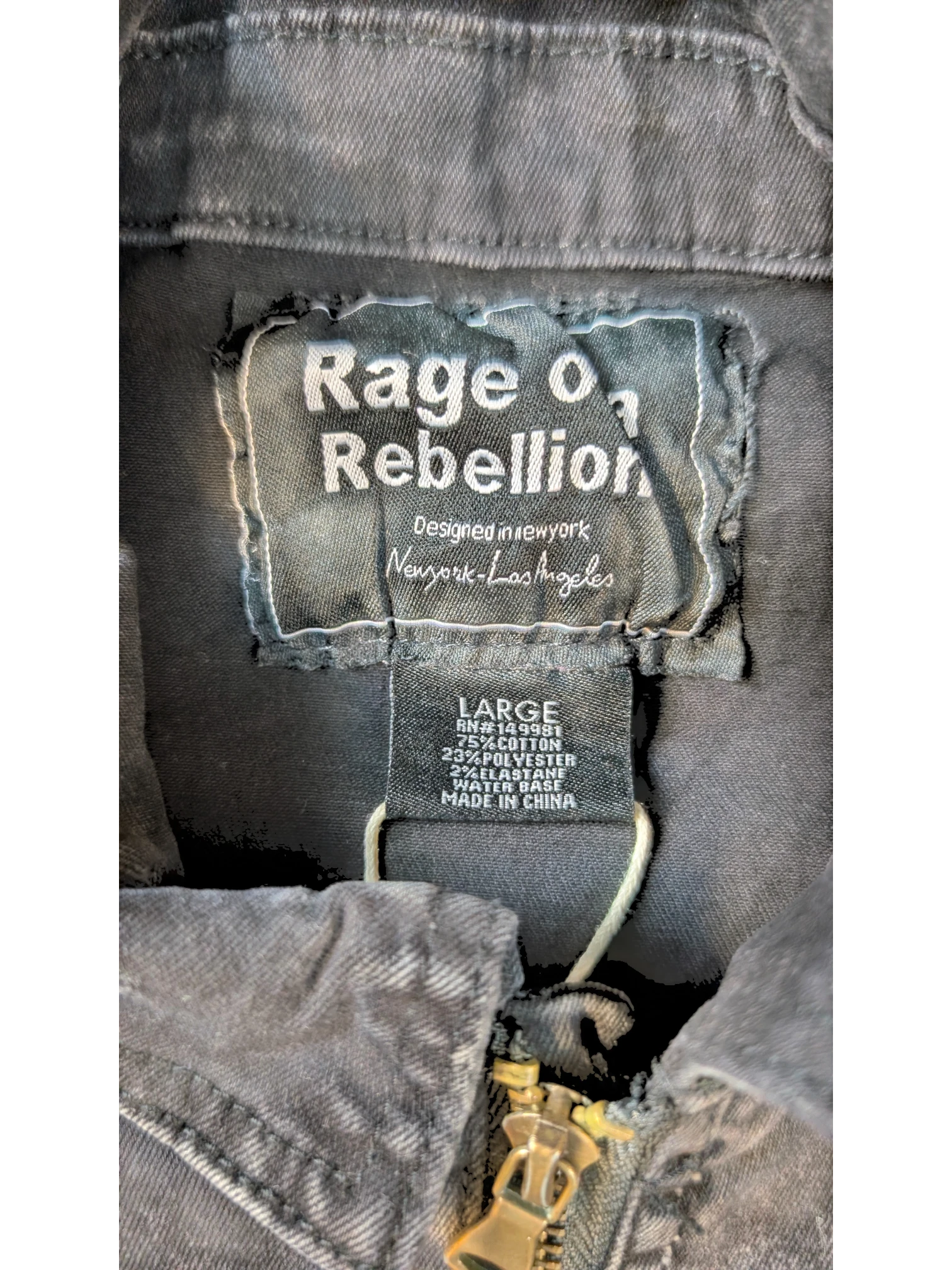 JAKE & IPI Rage of a Rebellion denim jacket, dark wash, size Large, 75% cotton, 23% polyester, 2% elastane.