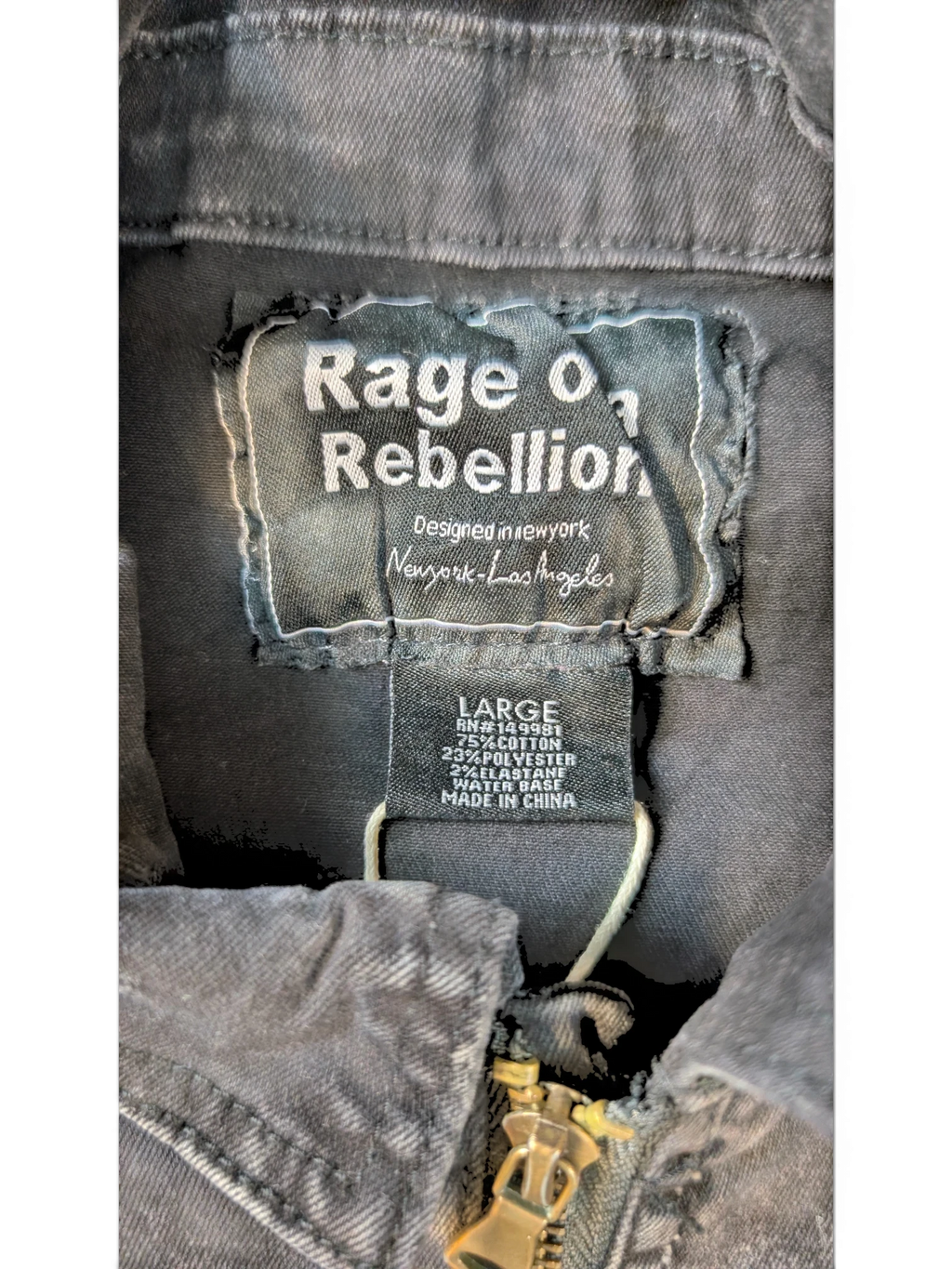 JAKE & IPI Rage of a Rebellion denim jacket, dark wash, size Large, 75% cotton, 23% polyester, 2% elastane.