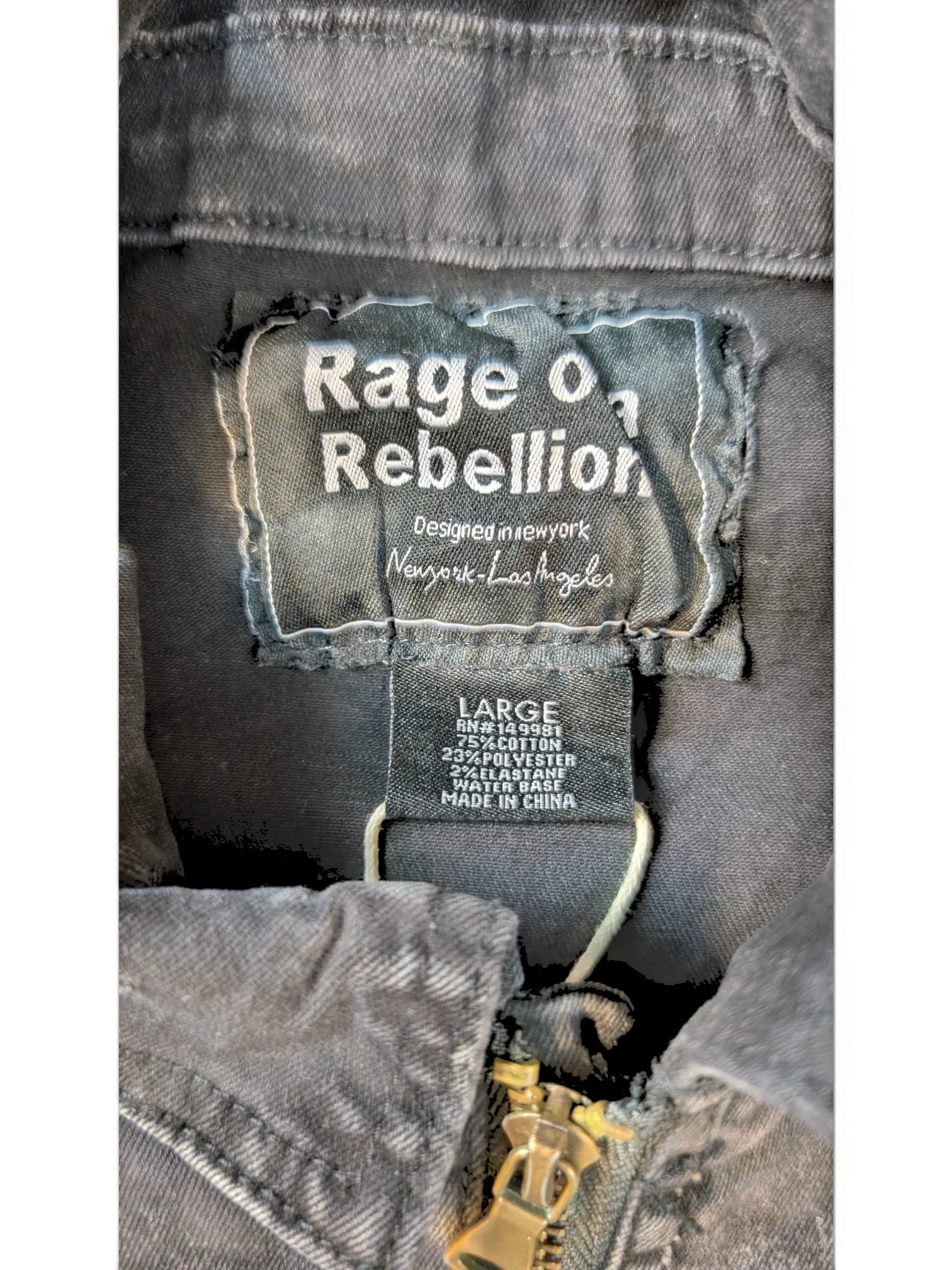 JAKE & IPI Rage of a Rebellion denim jacket, dark wash, size Large, 75% cotton, 23% polyester, 2% elastane.