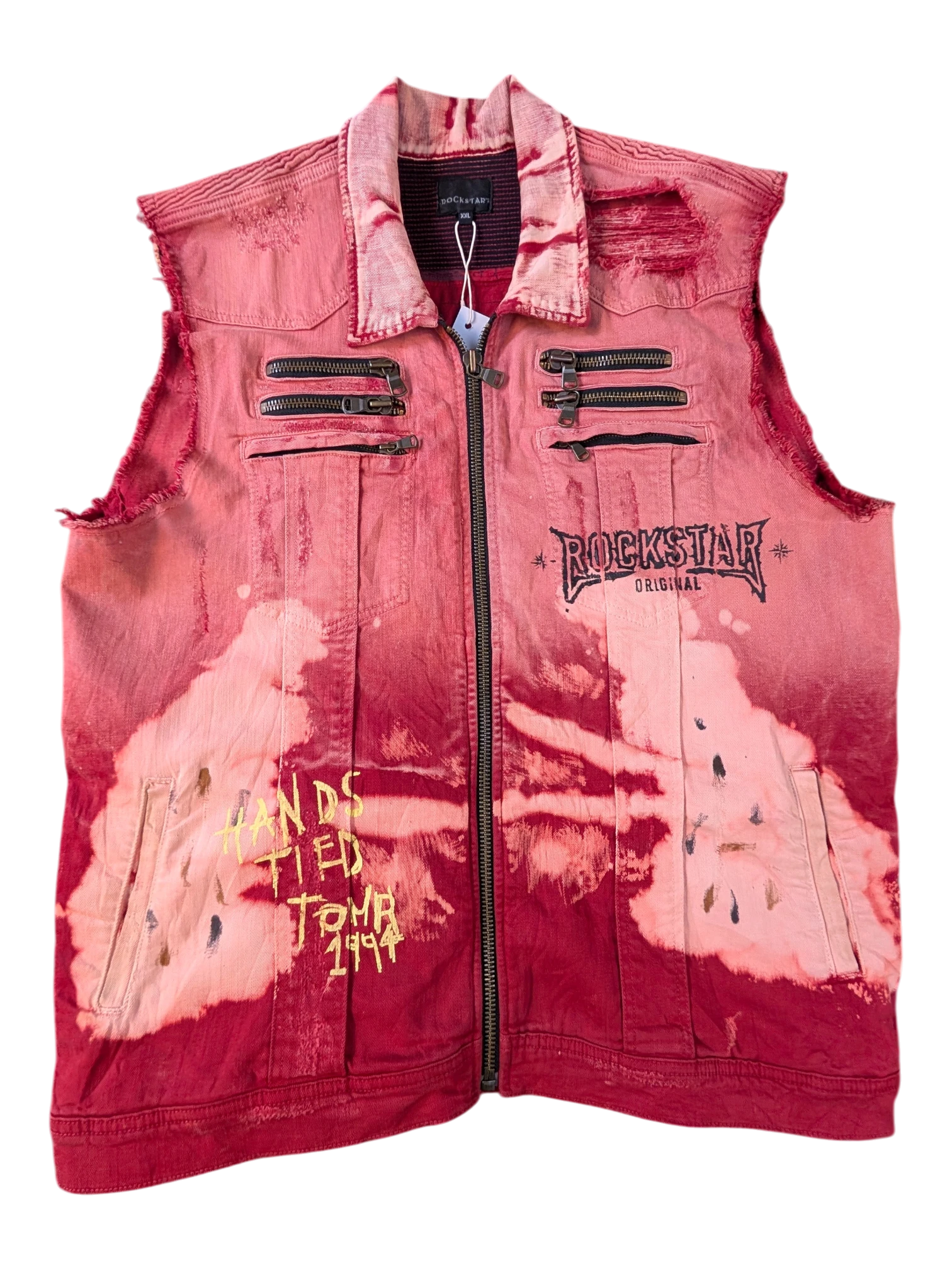 JAKE & IPI Rockstar Original red bleached denim vest with distressed details and graphic print.