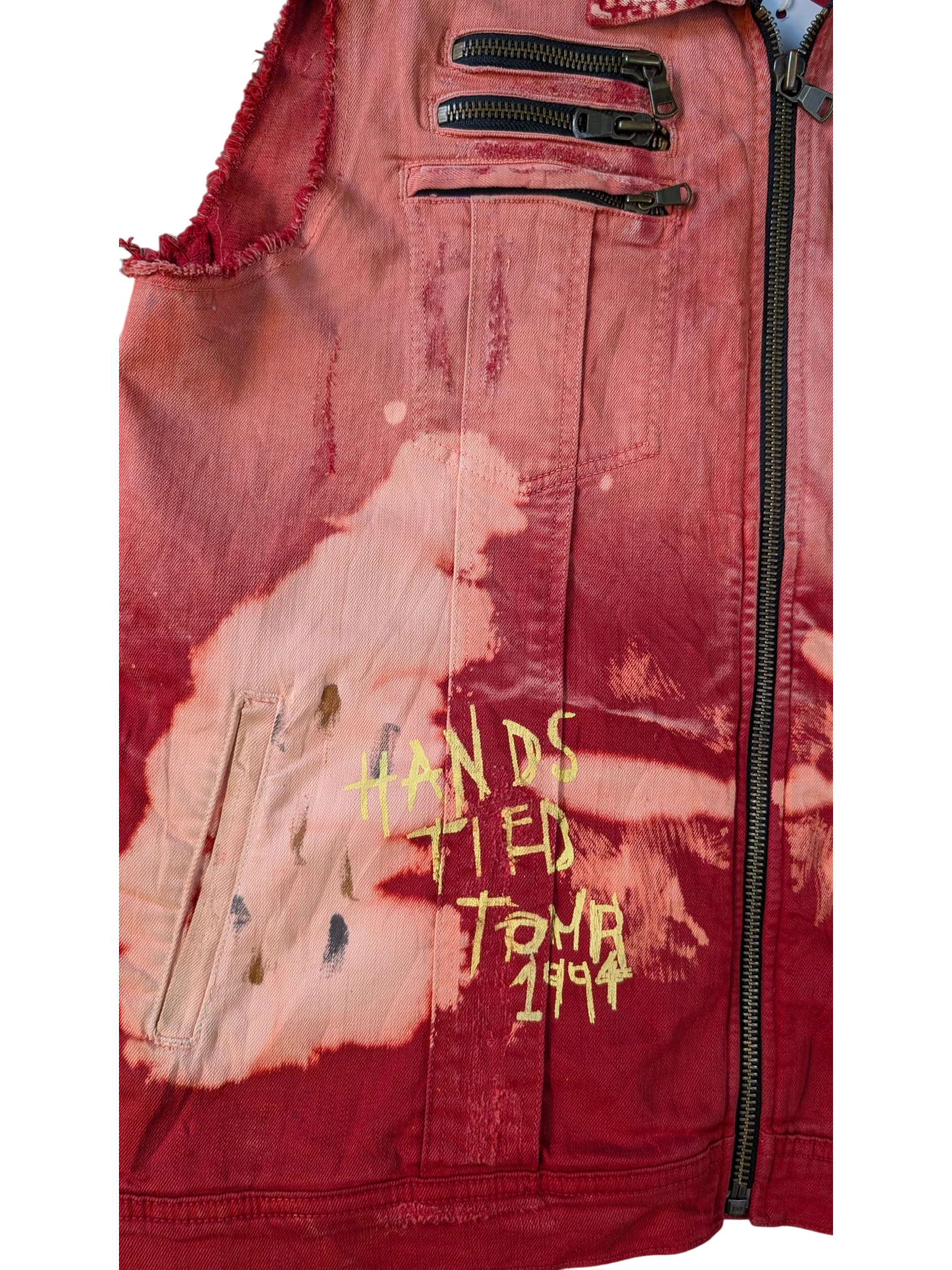 JAKE & IPI red distressed denim vest with zipper pockets and
