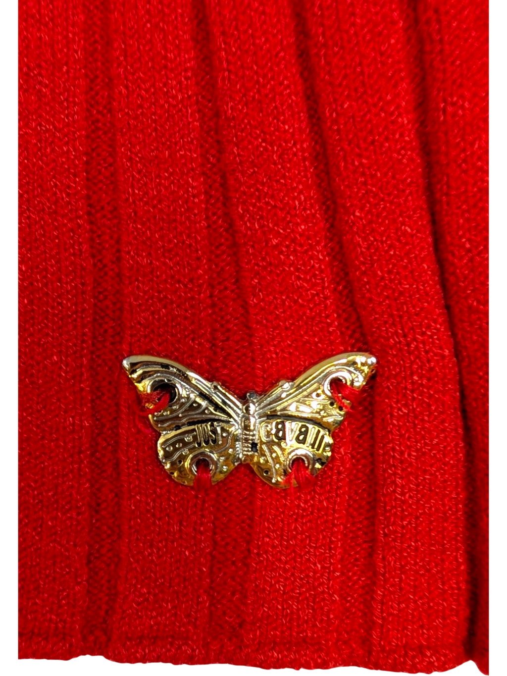 JAKE & IPI vintage red ribbed knit top with gold butterfly logo detail. Made in Italy.
