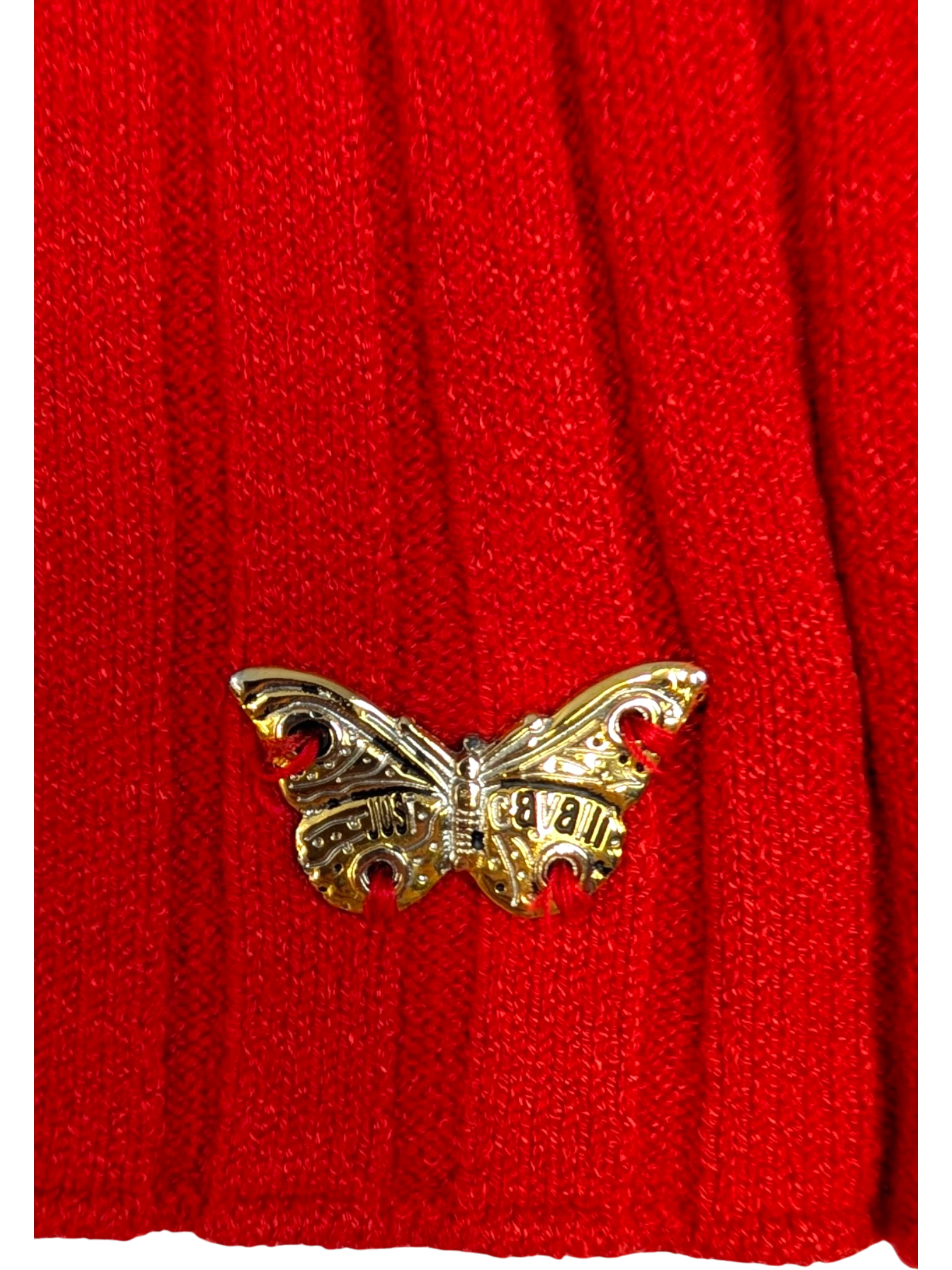 JAKE & IPI vintage red ribbed knit top with gold butterfly logo detail. Made in Italy.