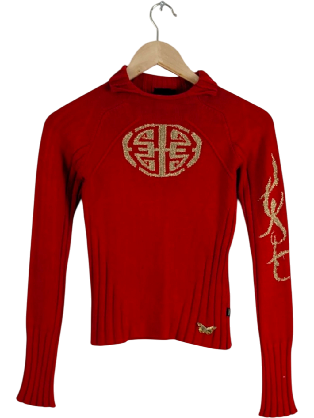 JAKE & IPI red ribbed knit long sleeve top with gold monogram, script logo, and butterfly detail. Made in Italy.