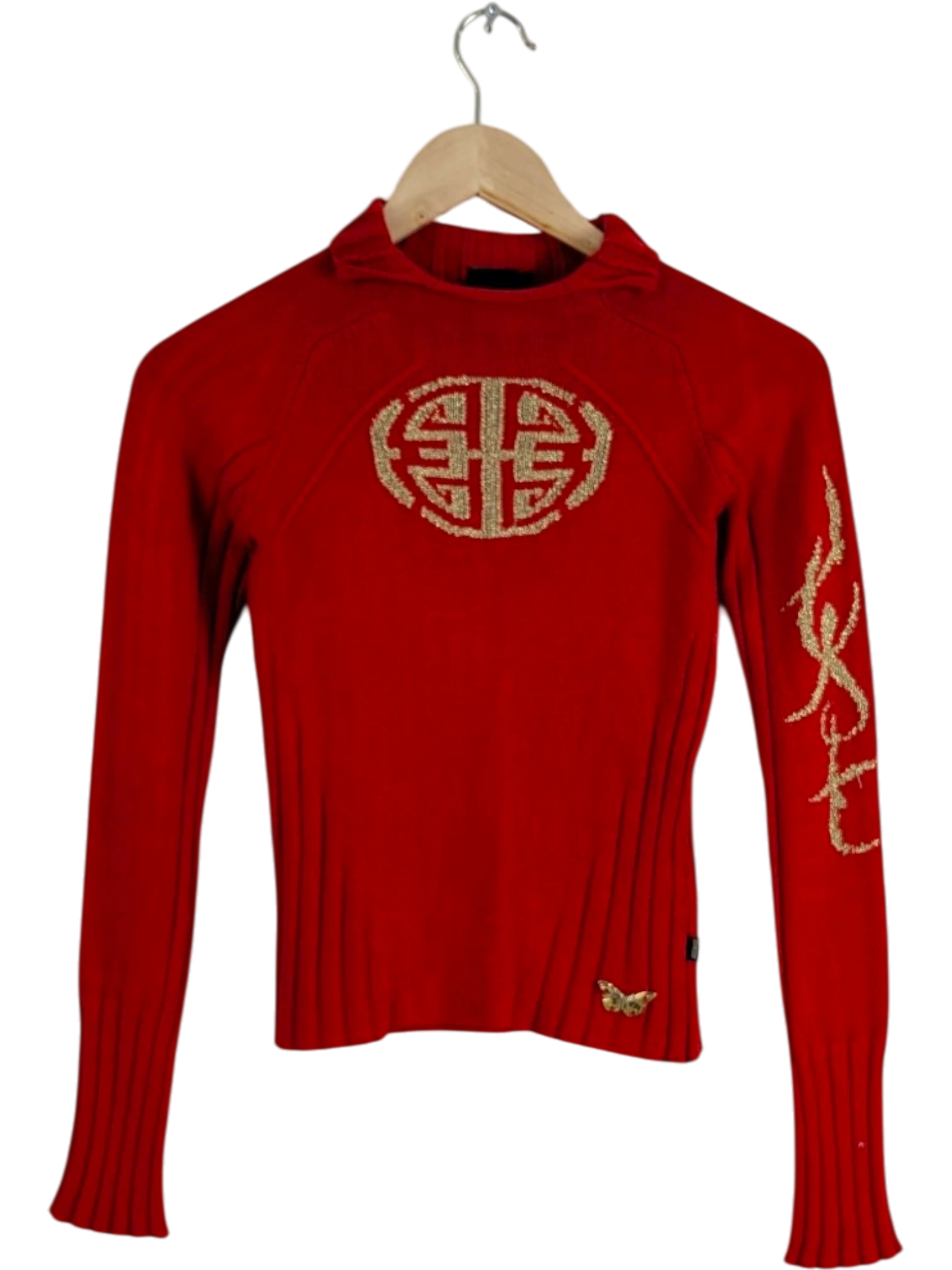 JAKE & IPI red ribbed knit long sleeve top with gold monogram, script logo, and butterfly detail. Made in Italy.