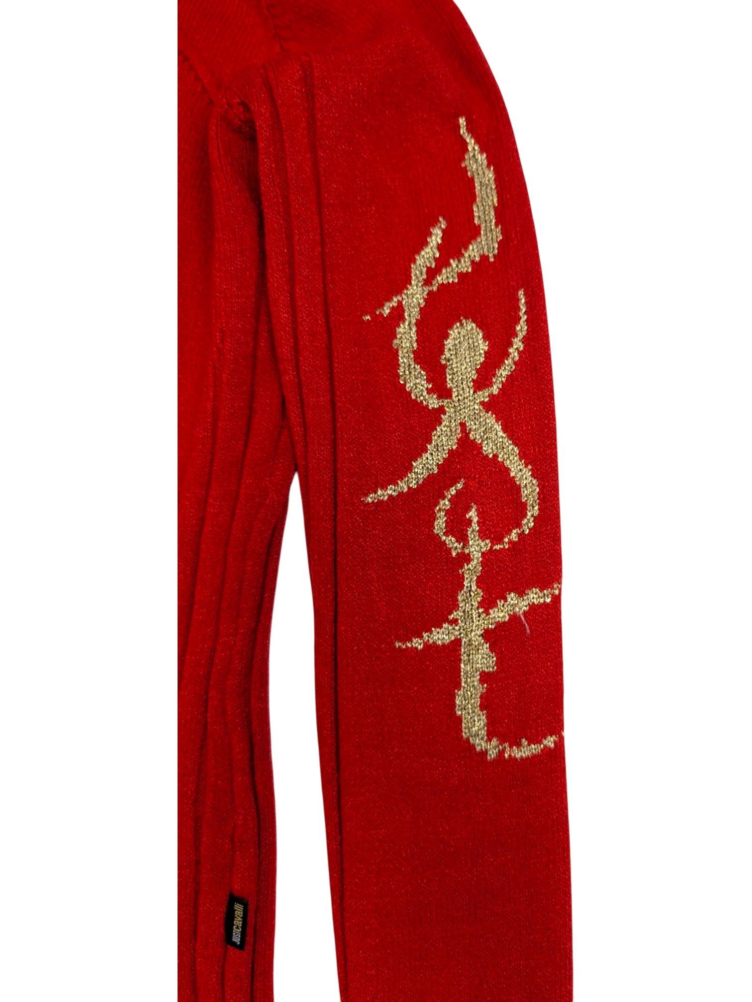 JAKE & IPI vintage red knit top with gold metallic Just Cavalli logo on sleeve and butterfly hardware. Made in Italy.