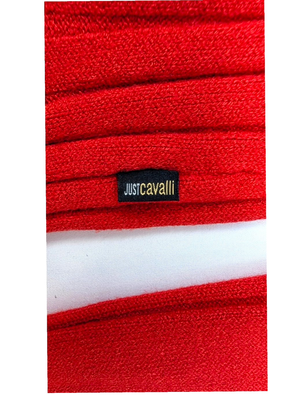 JAKE & IPI vintage red ribbed knit top with gold Just Cavalli logo detail. Made in Italy.