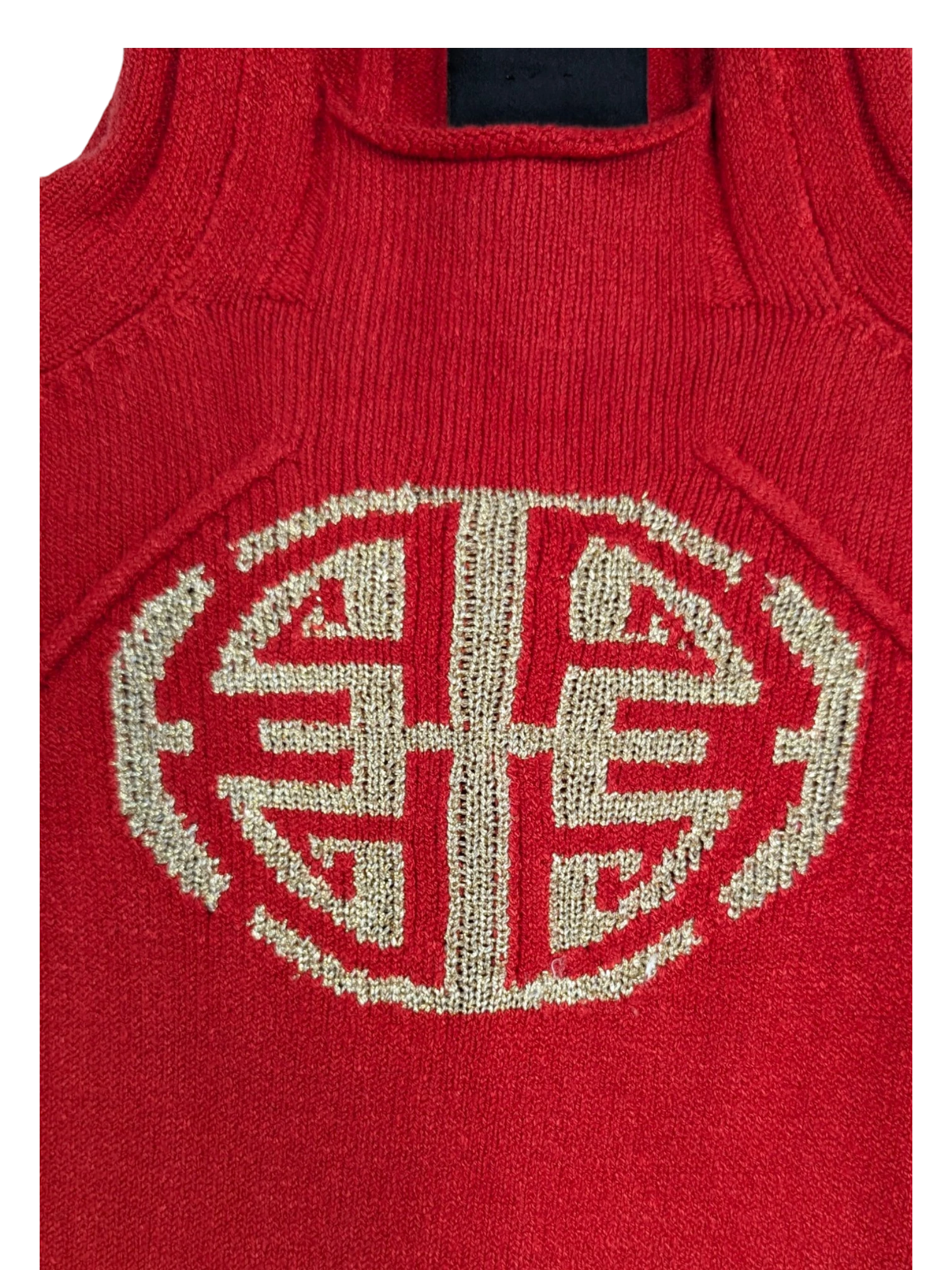 JAKE & IPI red knit top with gold metallic Just Cavalli monogram on chest. Vintage Y2K style.