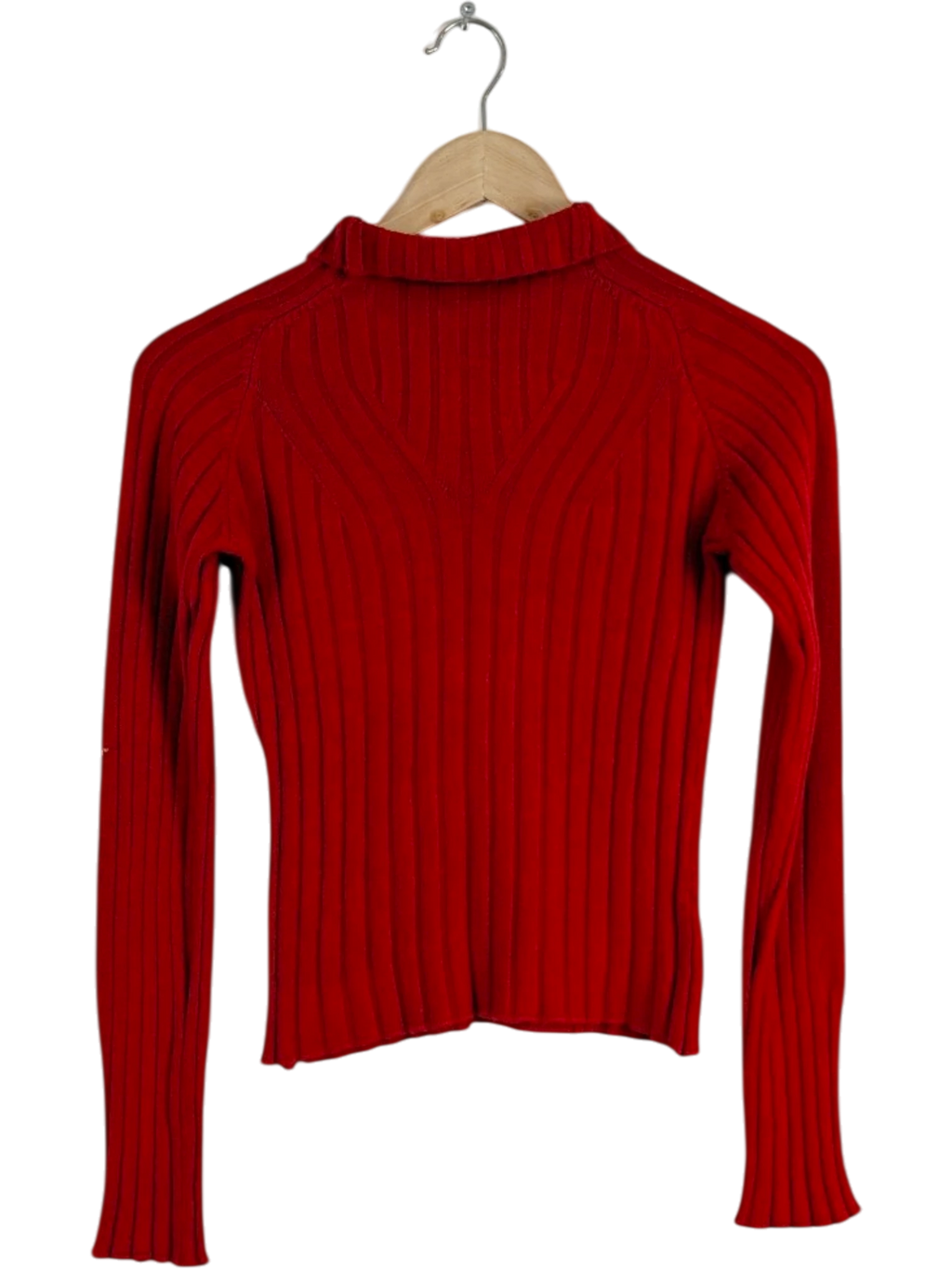 JAKE & IPI vintage red ribbed knit long sleeve top with gold logo details and butterfly hardware. Made in Italy.