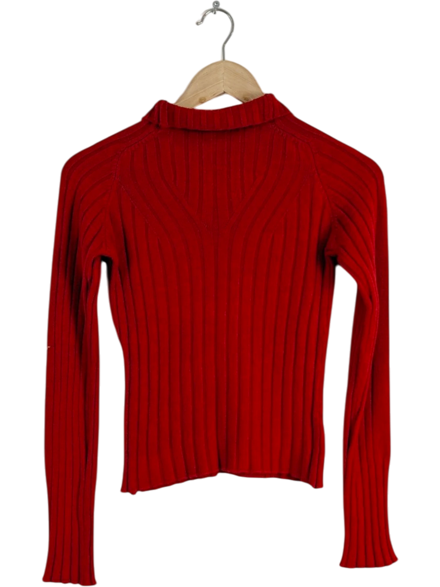 JAKE & IPI vintage red ribbed knit long sleeve top with gold logo details and butterfly hardware. Made in Italy.