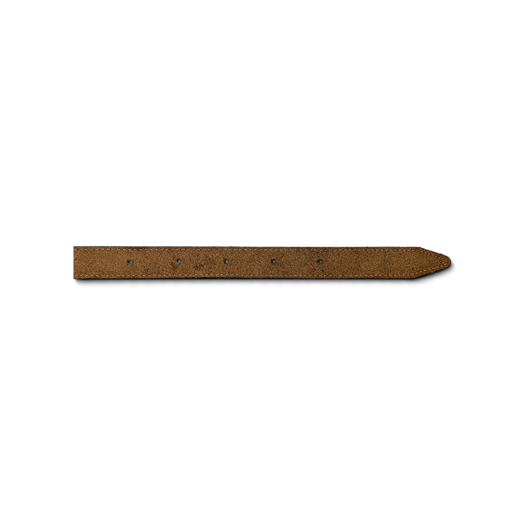 JAKE & IPI red leather belt featuring a gold chain detail and brown suede underside on a white background