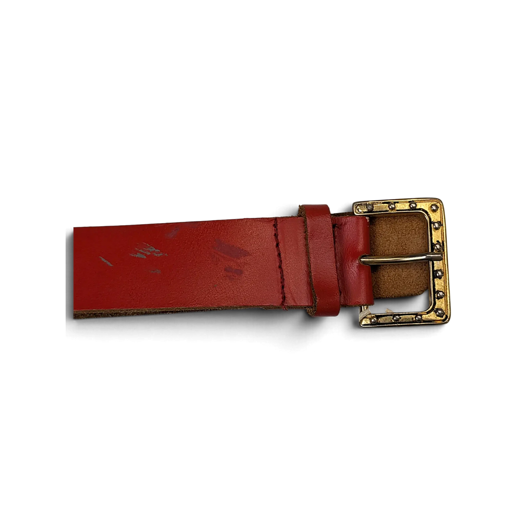 JAKE & IPI red leather belt featuring a gold-tone square buckle with decorative metal studs.