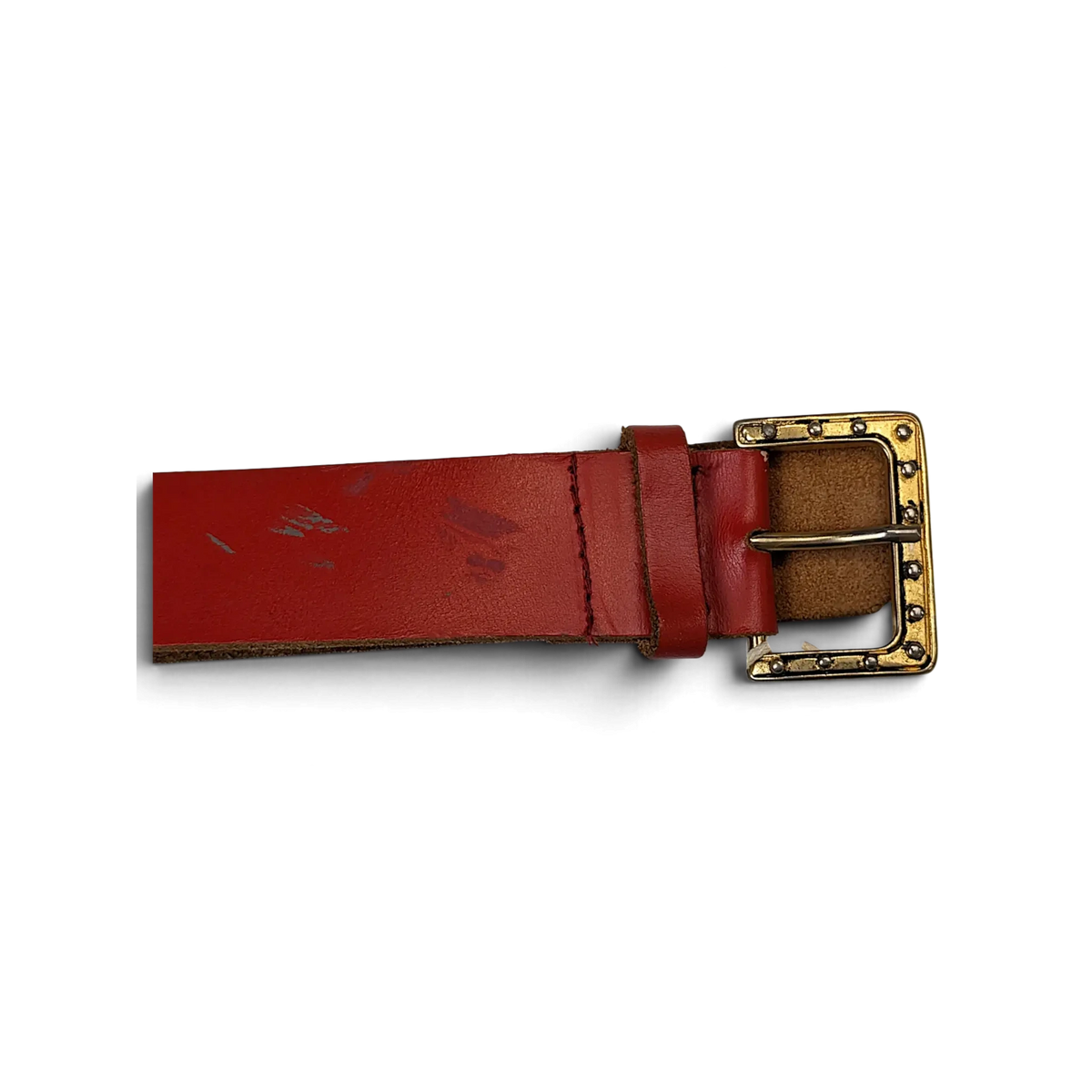 JAKE & IPI red leather belt featuring a gold-tone square buckle with decorative metal studs.