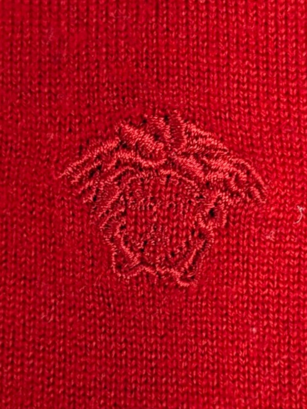 JAKE & IPI red wool turtleneck sweater with tonal Medusa logo embroidery on chest. Vintage Y2K knit.