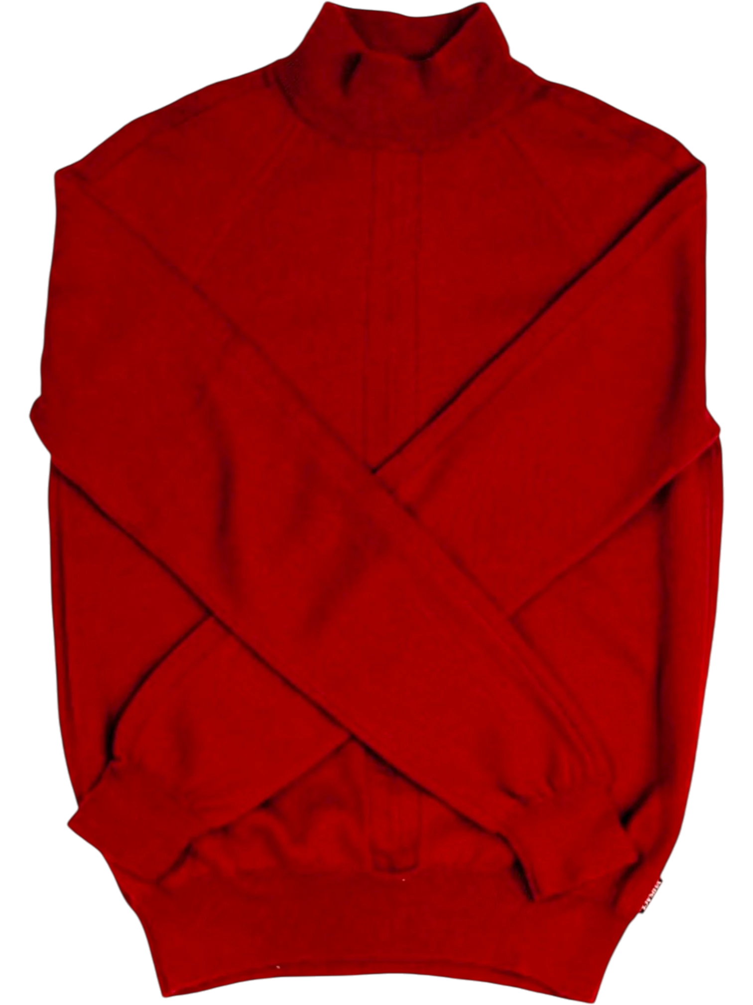 JAKE & IPI Vintage Versace Jeans Couture red wool turtleneck sweater with raglan sleeves and embroidered Medusa logo. Size S.
