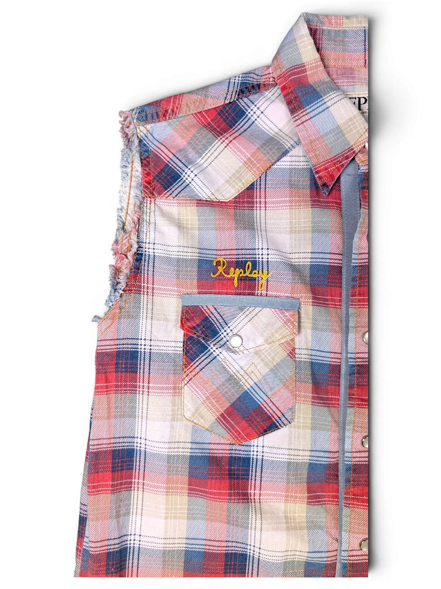 JAKE & IPI pre-owned Replay sleeveless plaid western shirt in red, beige, and blue with raw-cut armholes and embroidery