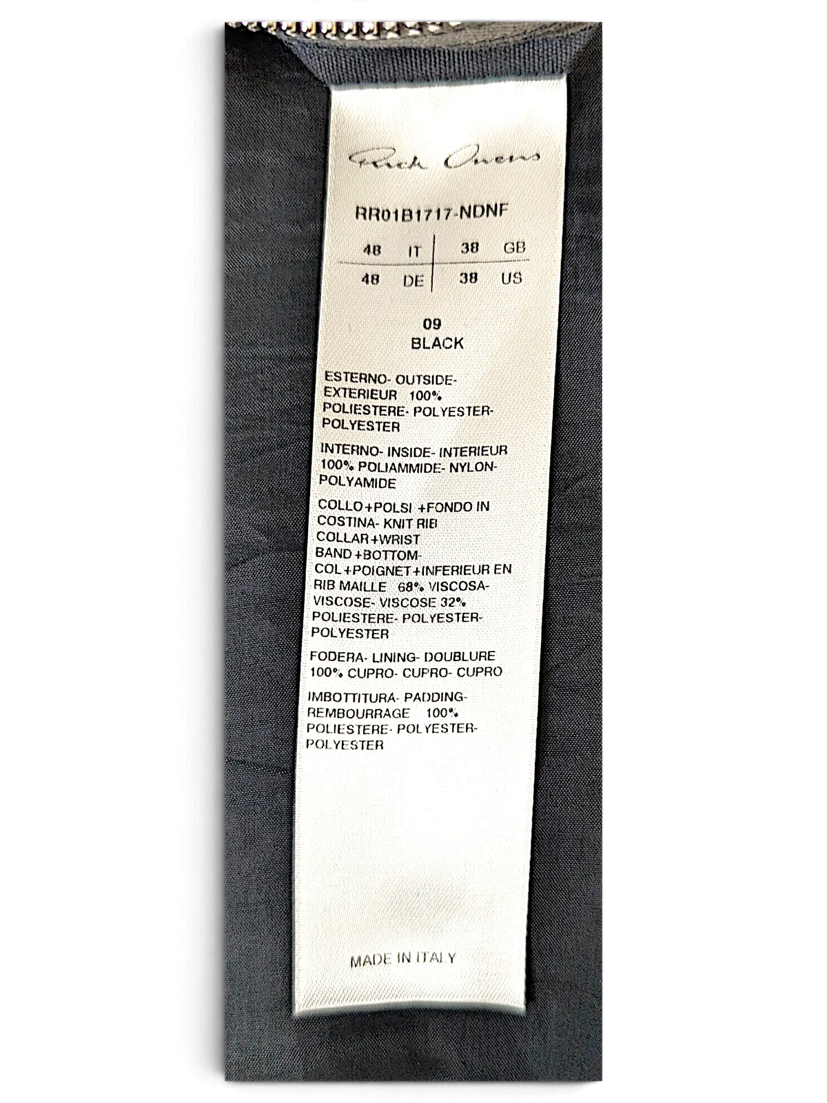 JAKE & IPI Rick Owens bomber jacket black polyester care label with material composition and size 48 details