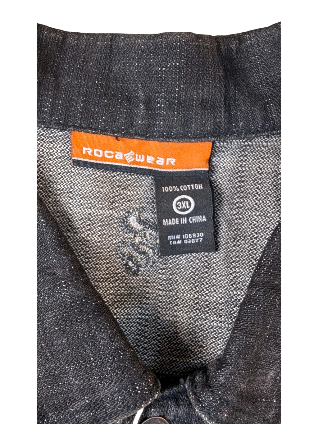 JAKE & IPI Rocawear dark wash denim jacket with subtle sparkle detail, size 3XL, 100% cotton.
