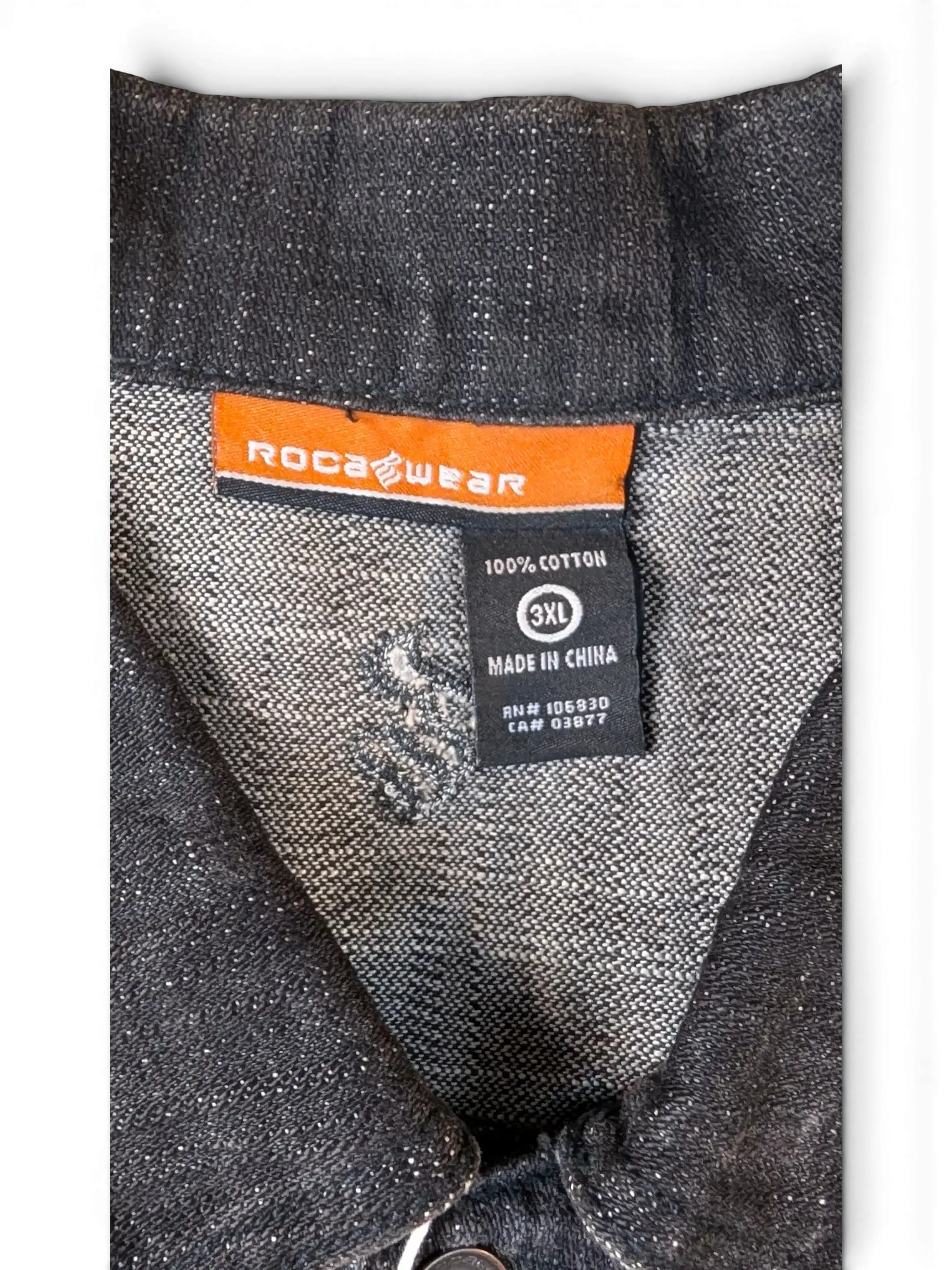 JAKE & IPI Rocawear dark wash denim jacket with subtle sparkle detail, size 3XL, 100% cotton.