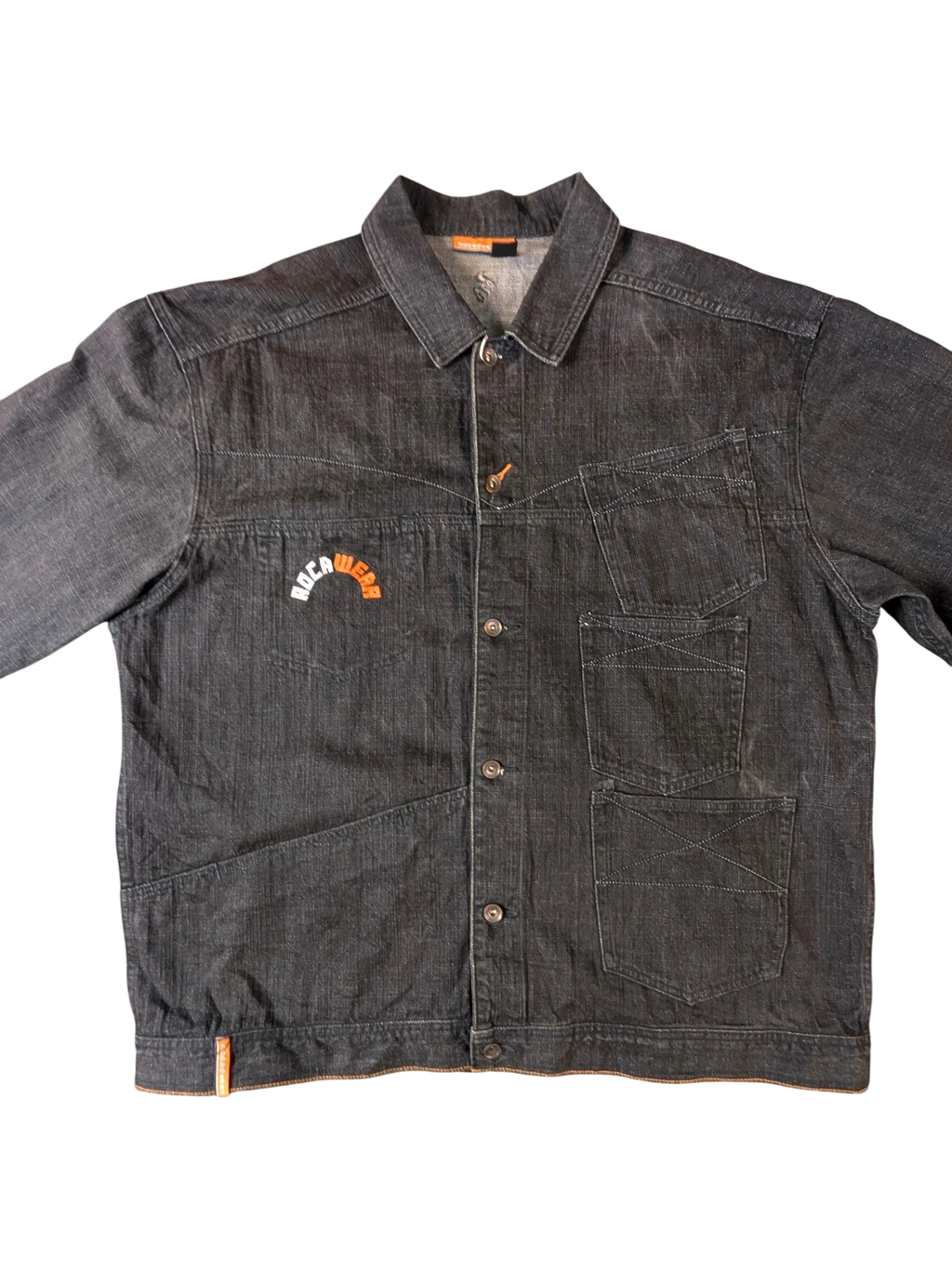 JAKE & IPI Rocawear dark wash denim jacket with orange logo detail and multiple pockets.
