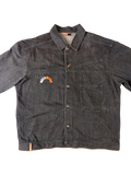 JAKE & IPI Rocawear dark wash denim jacket with orange logo detail and multiple pockets.