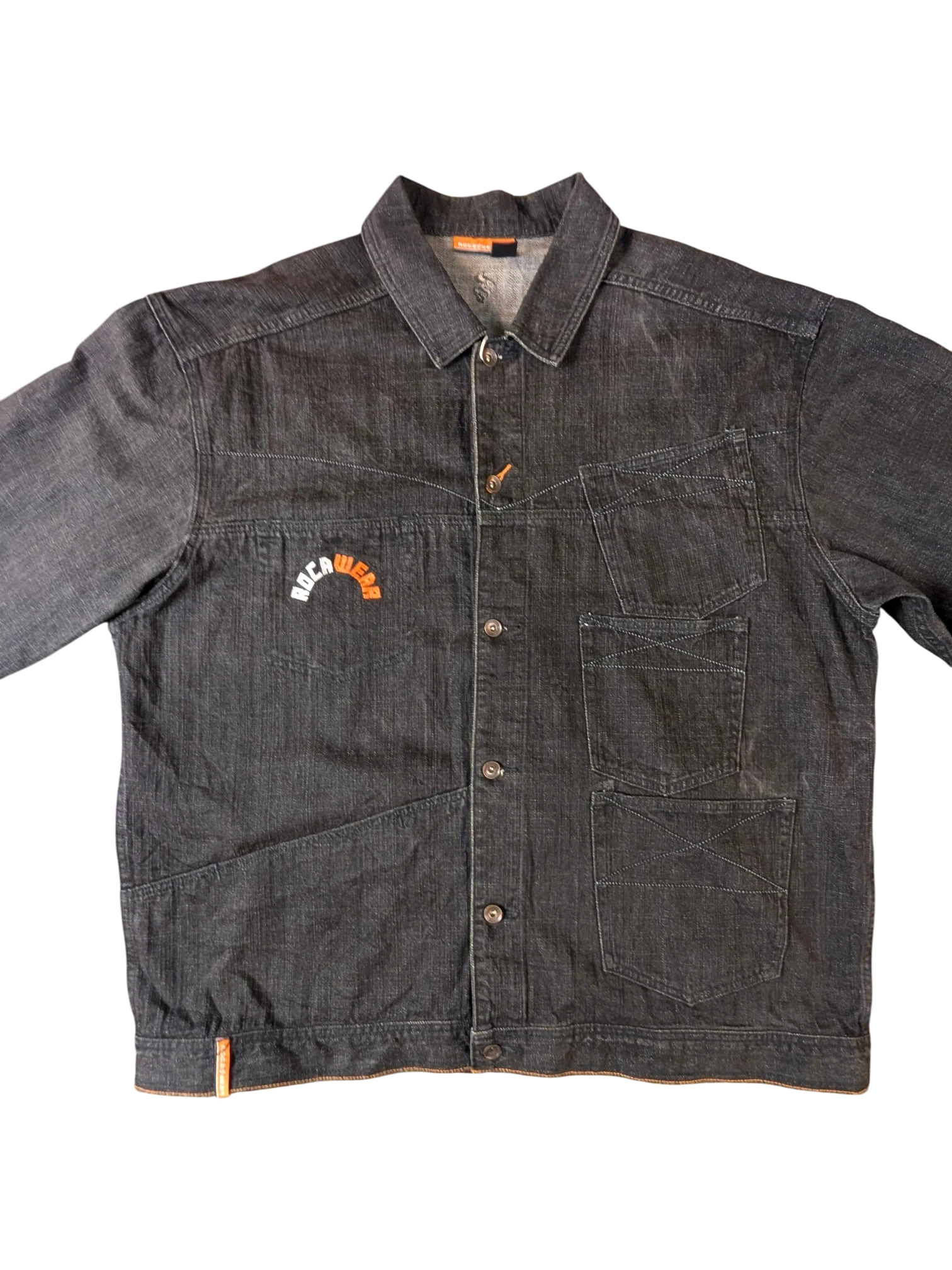 JAKE & IPI Rocawear dark wash denim jacket with orange logo detail and multiple pockets.