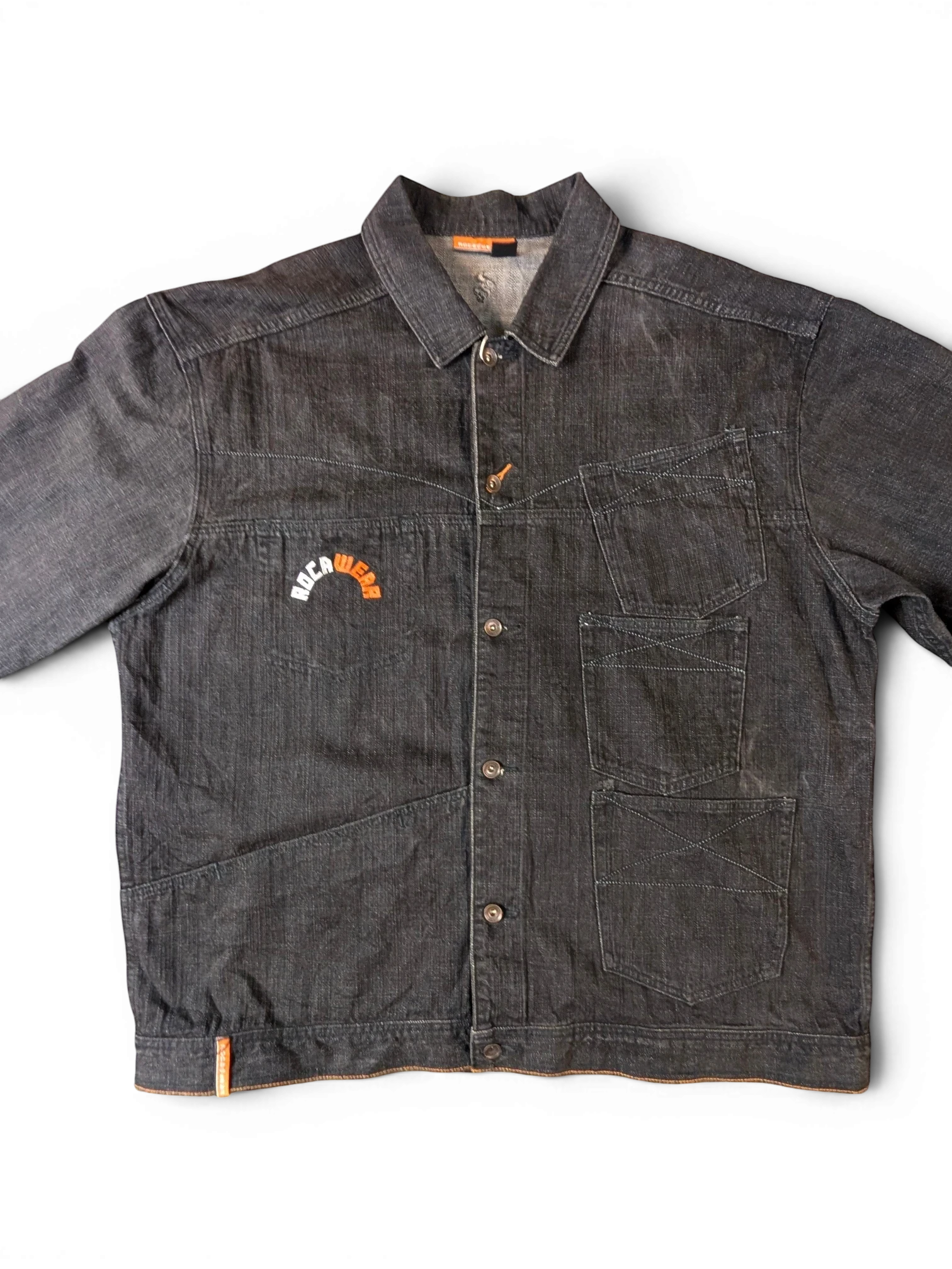 JAKE & IPI Rocawear dark wash denim jacket with orange logo detail and multiple pockets.