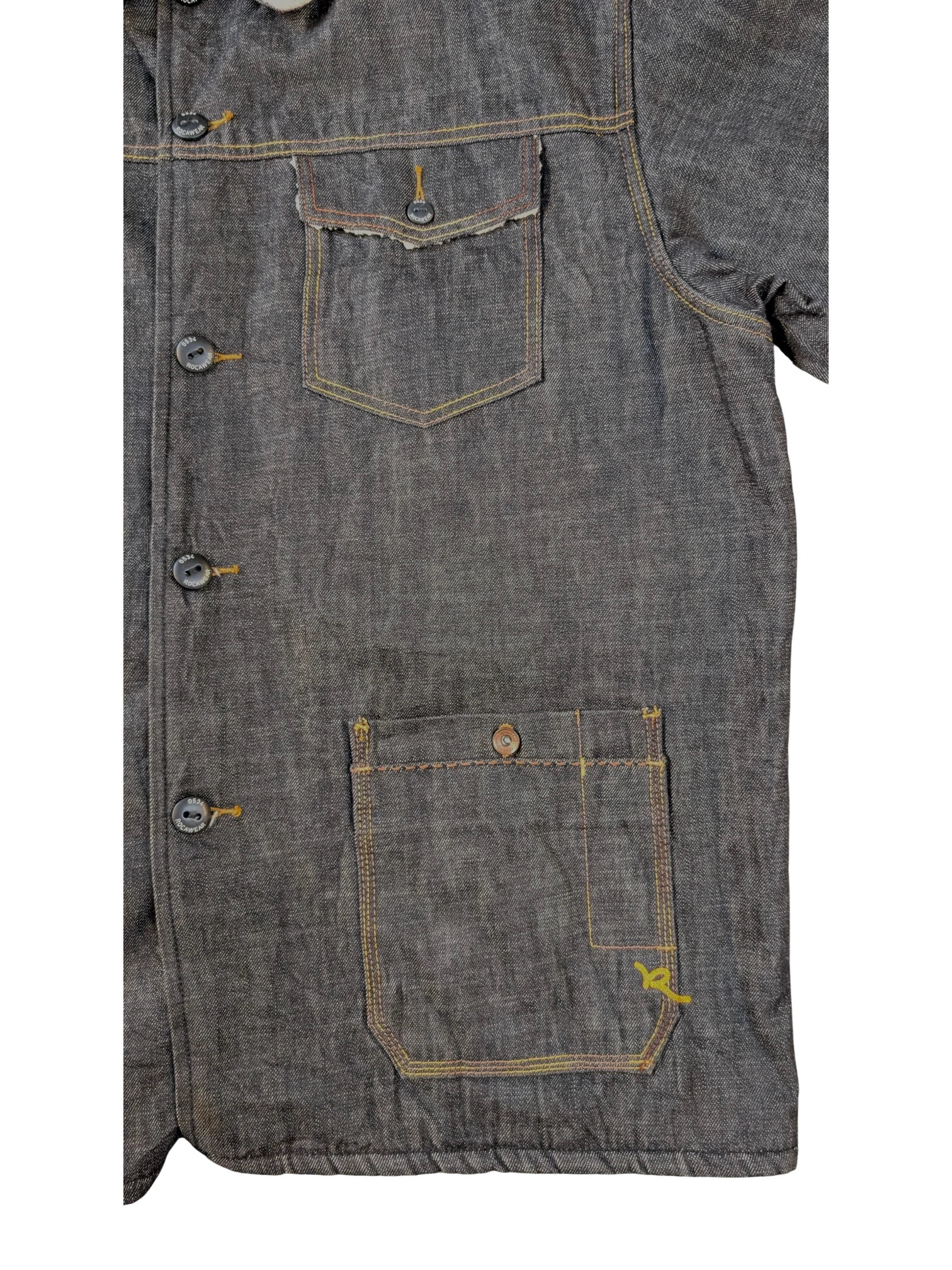 JAKE & IPI Rocawear dark wash denim jacket with sherpa lining, button closure, and chest pockets.
