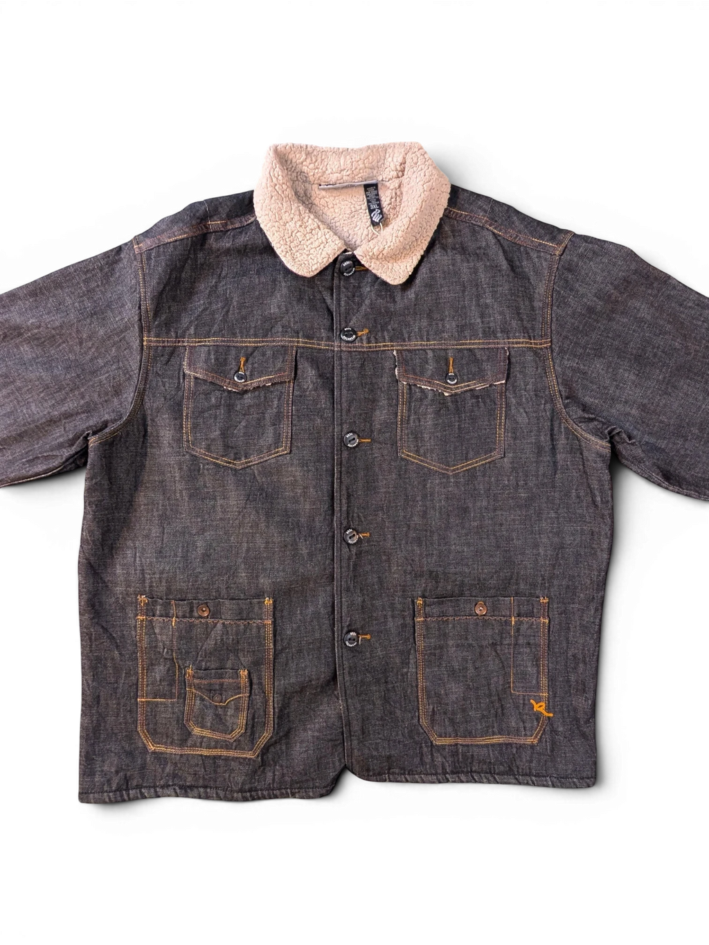 JAKE & IPI Rocawear dark wash denim jacket with sherpa collar and orange contrast stitching.
