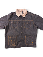 JAKE & IPI Rocawear tummapesuinen farkkutakki sherpakauluksella ja oransseilla kontrastitikkauksilla.