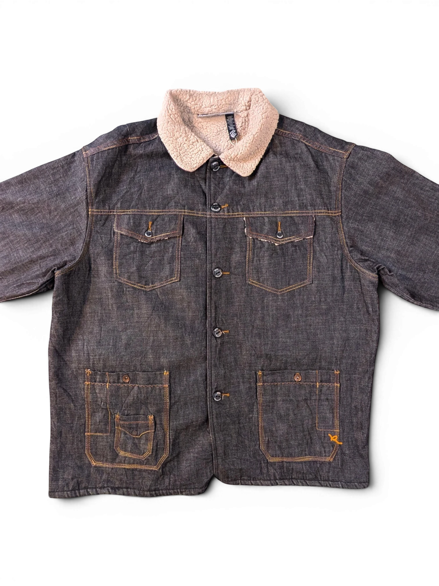 JAKE & IPI Rocawear dark wash denim jacket with sherpa collar and orange contrast stitching.