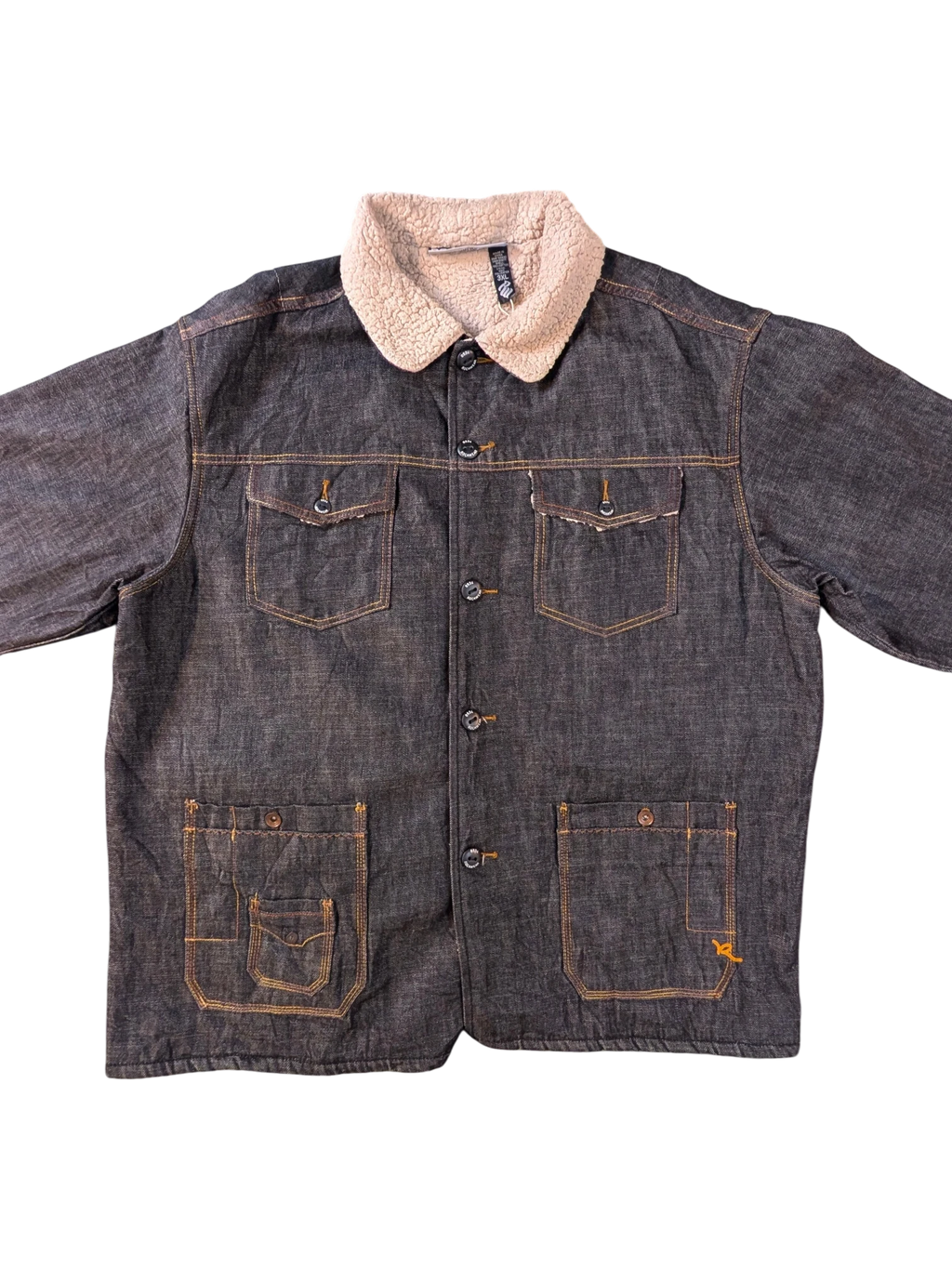 JAKE & IPI Rocawear dark wash denim jacket with sherpa collar and orange contrast stitching.