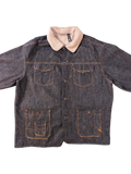 JAKE & IPI Rocawear dark wash denim jacket with sherpa collar and orange contrast stitching.