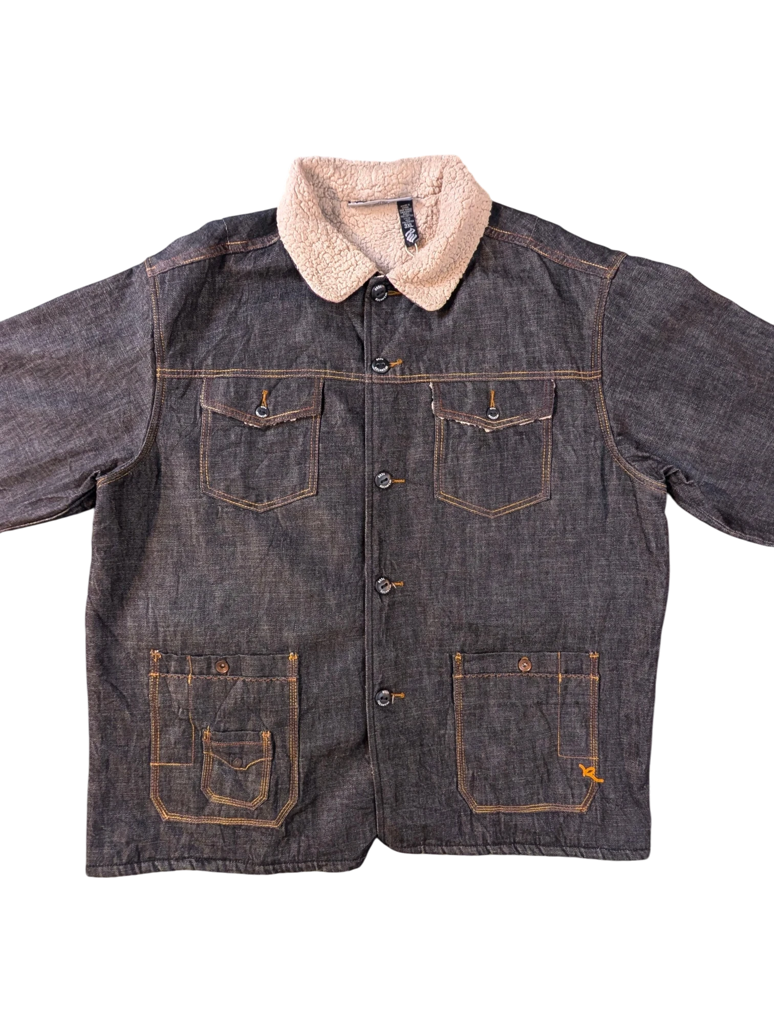 JAKE & IPI Rocawear dark wash denim jacket with sherpa collar and orange contrast stitching.