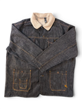 JAKE & IPI Rocawear sherpa lined dark wash denim jacket with orange contrast stitching and chest pockets.