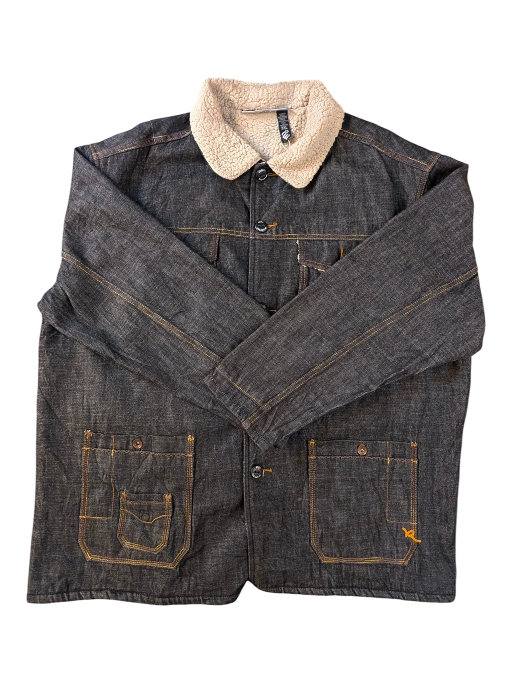 JAKE & IPI Rocawear sherpa lined dark wash denim jacket with orange contrast stitching and chest pockets.