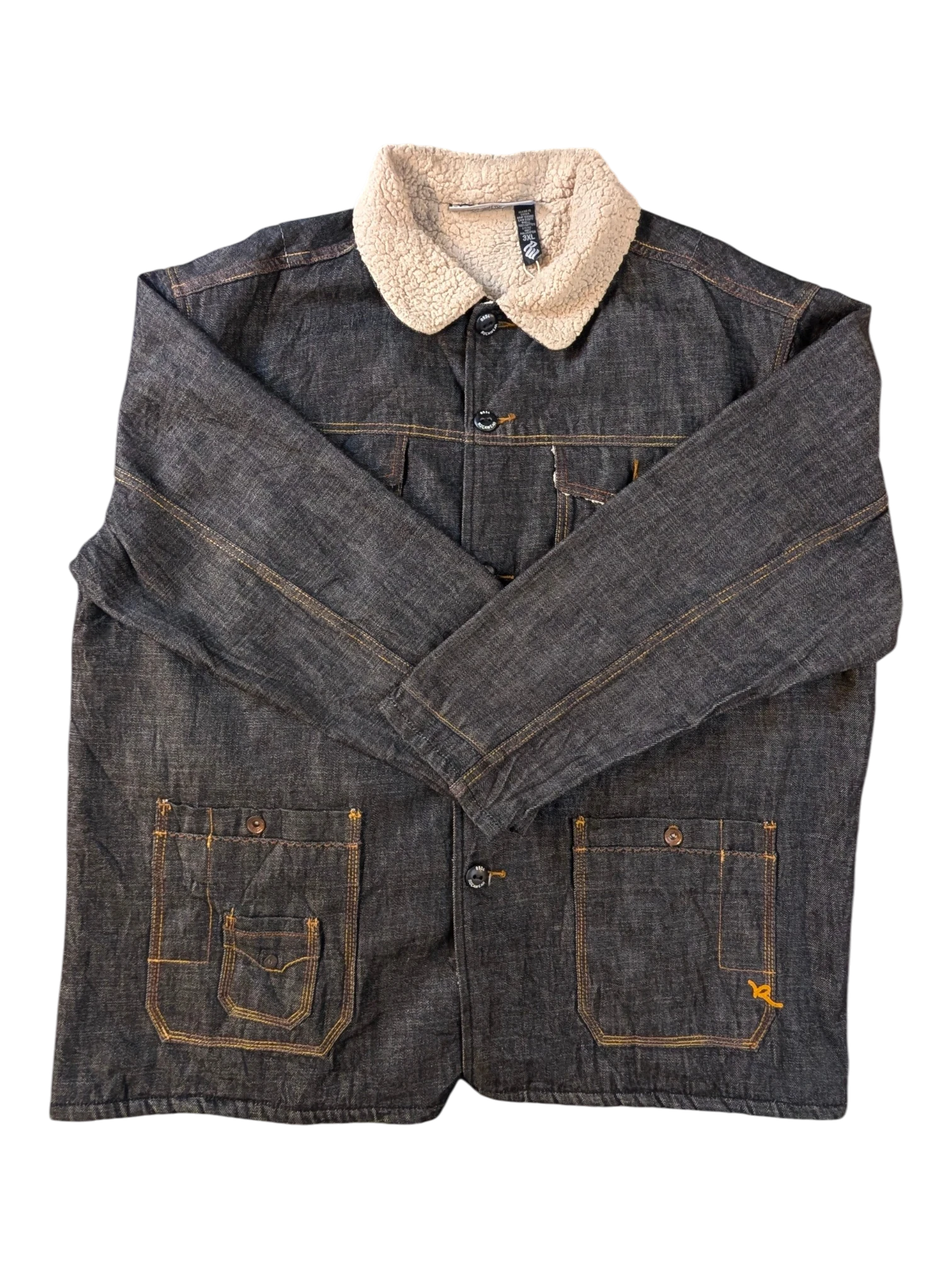 JAKE & IPI Rocawear sherpa lined dark wash denim jacket with orange contrast stitching and chest pockets.