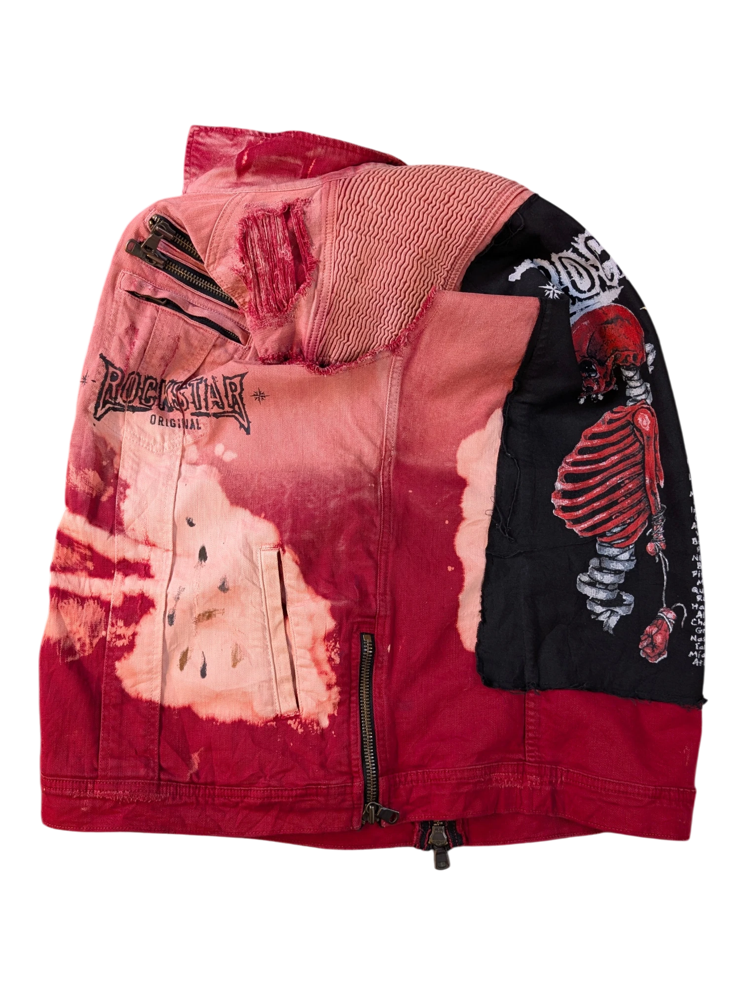 JAKE & IPI Rockstar original red denim vest with distressed patches, skeleton graphic, and unique bleach dye effect.