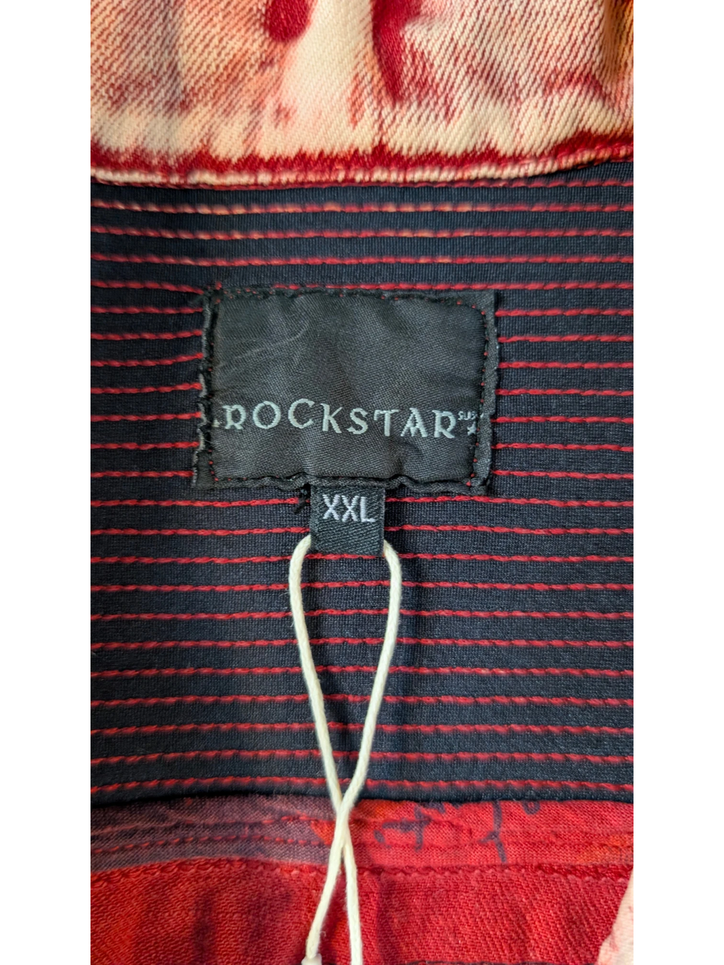 JAKE & IPI Rockstar original denim vest with red and white tie-dye pattern and dark blue fabric with red stitching, size XXL.
