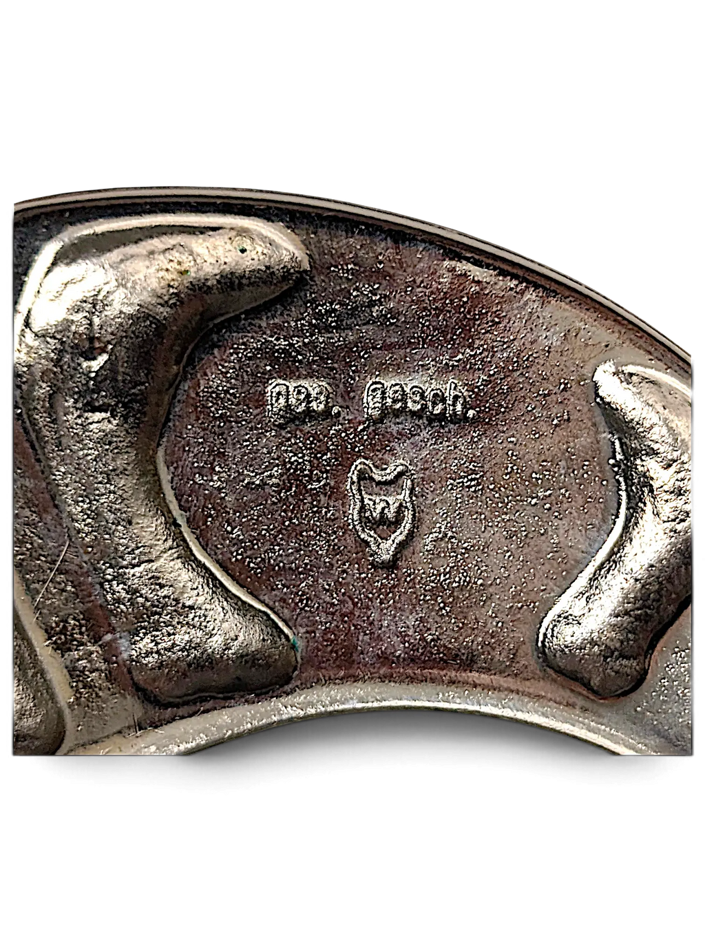 JAKE & IPI Russian wide black belt silver buckle detail with engraved markings and maker mark