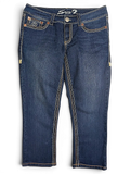 JAKE & IPI Seven7 dark wash denim capri jeans with contrast stitching and embroidered pocket detail