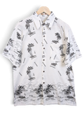 JAKE & IPI Shoreline Hawaiian shirt in white with black palm tree and Bahamas beach print, featuring a chest pocket.