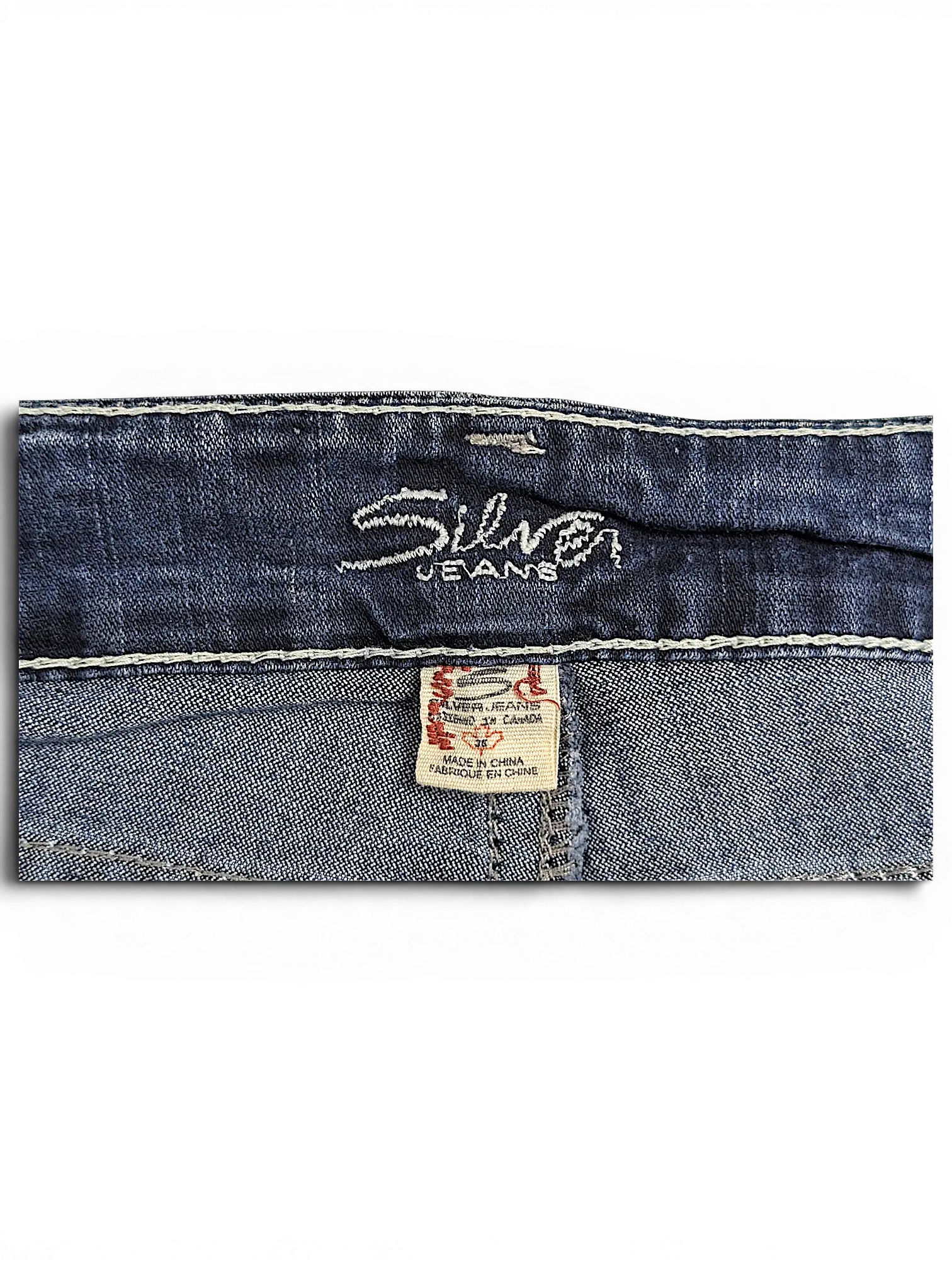 JAKE & IPI Silver Jeans Suki capri denim waistband with white contrast stitching and interior brand label