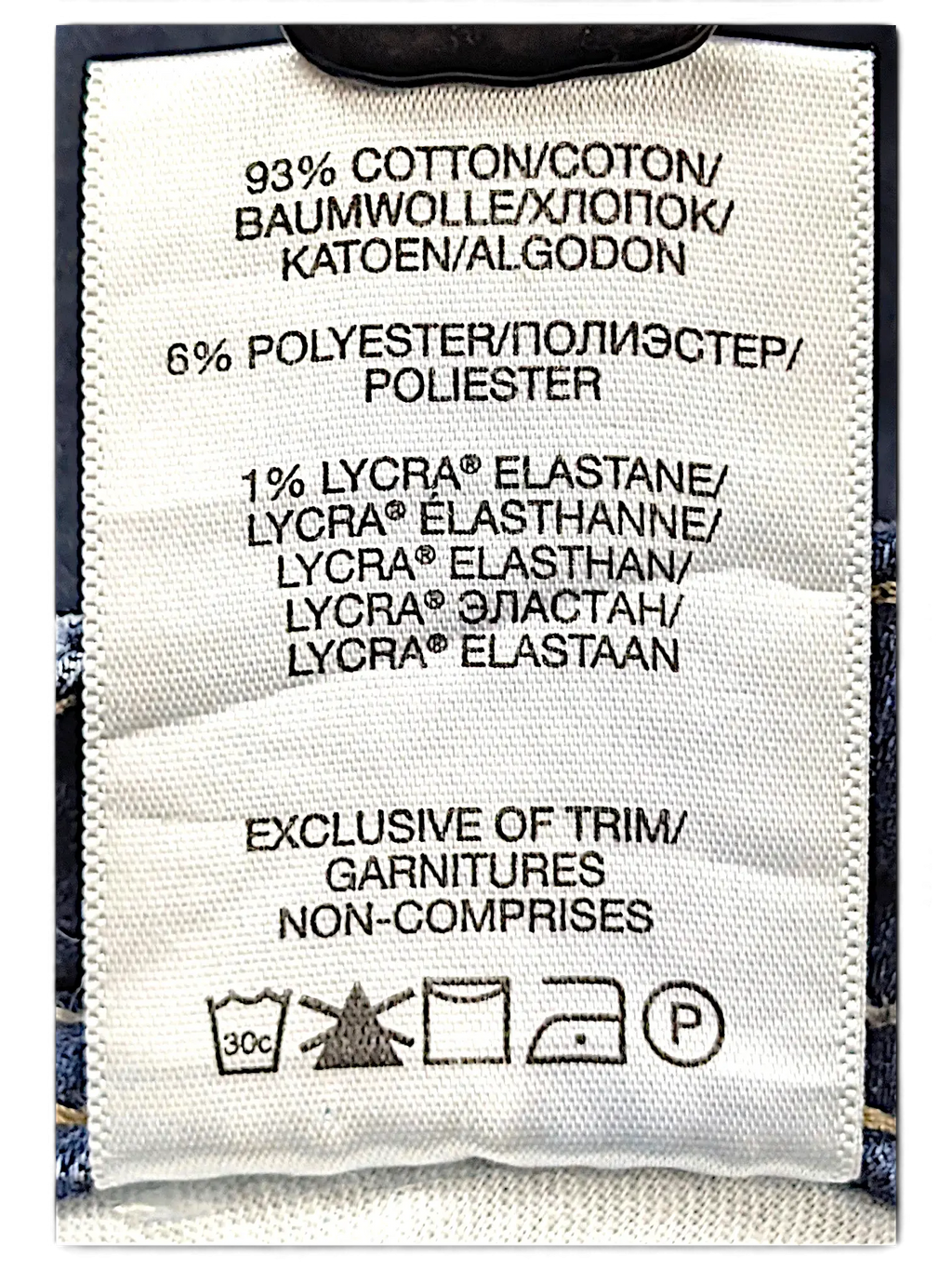 JAKE & IPI Silver Jeans Co Elyse slim boot jeans fabric care label showing cotton, polyester, and lycra blend
